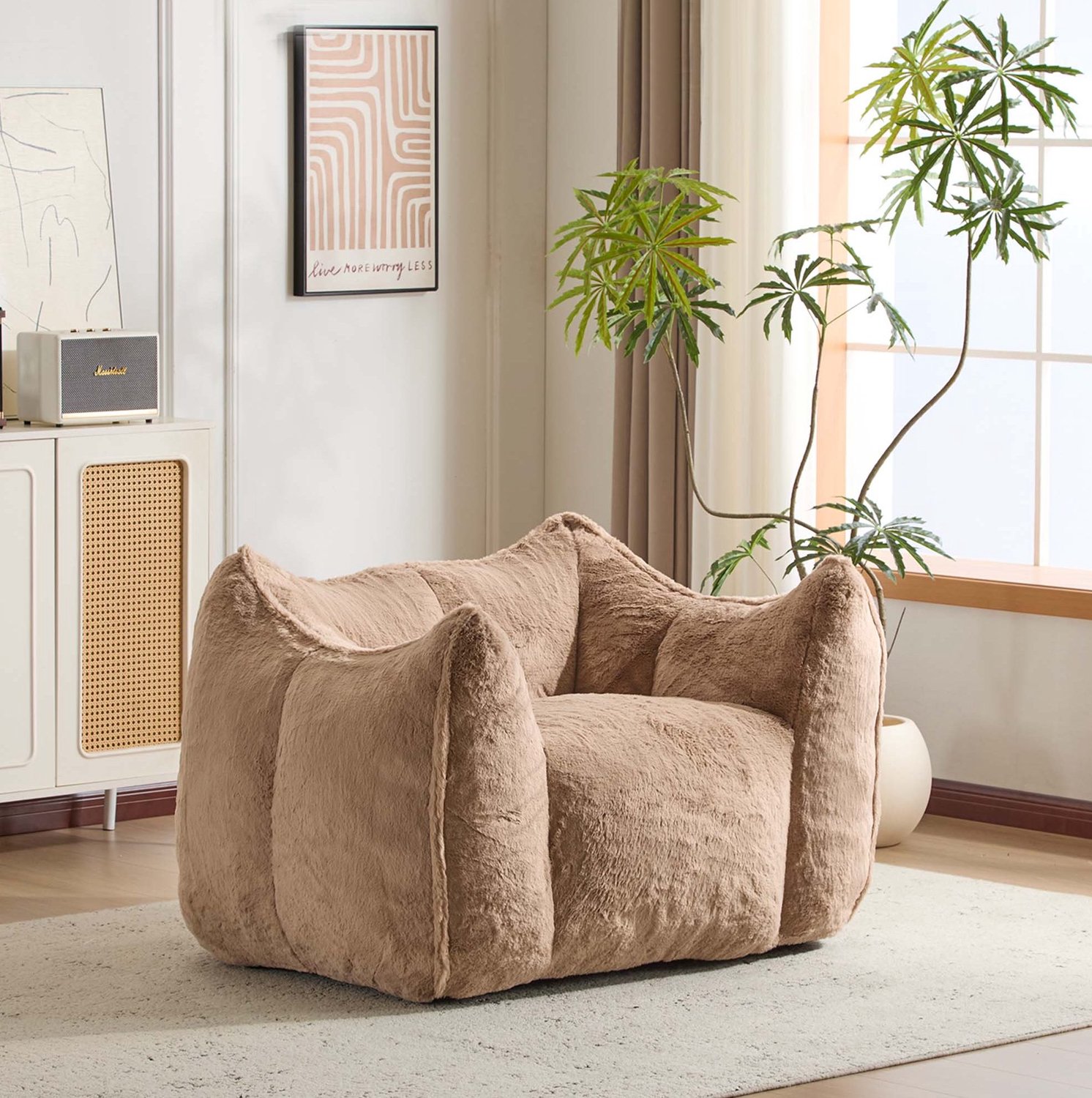 MIVRAY Fauteuil met Hocker 100,5 x 126 x 75 cm - Zachte Zitting en Framevrij Ontwerp - Voor Woonkamer - Kunstbont - Khaki beige