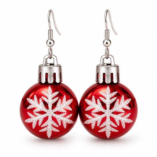 Rode kerstbaloorbellen met zilverkleurige haakjes en een wit glinsterend sneeuwvlokmotief.