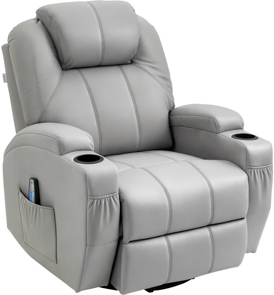 Grijze fauteuil van kunstleer met ingebouwde bekerhouders en een handig zijvak voor de afstandsbediening.