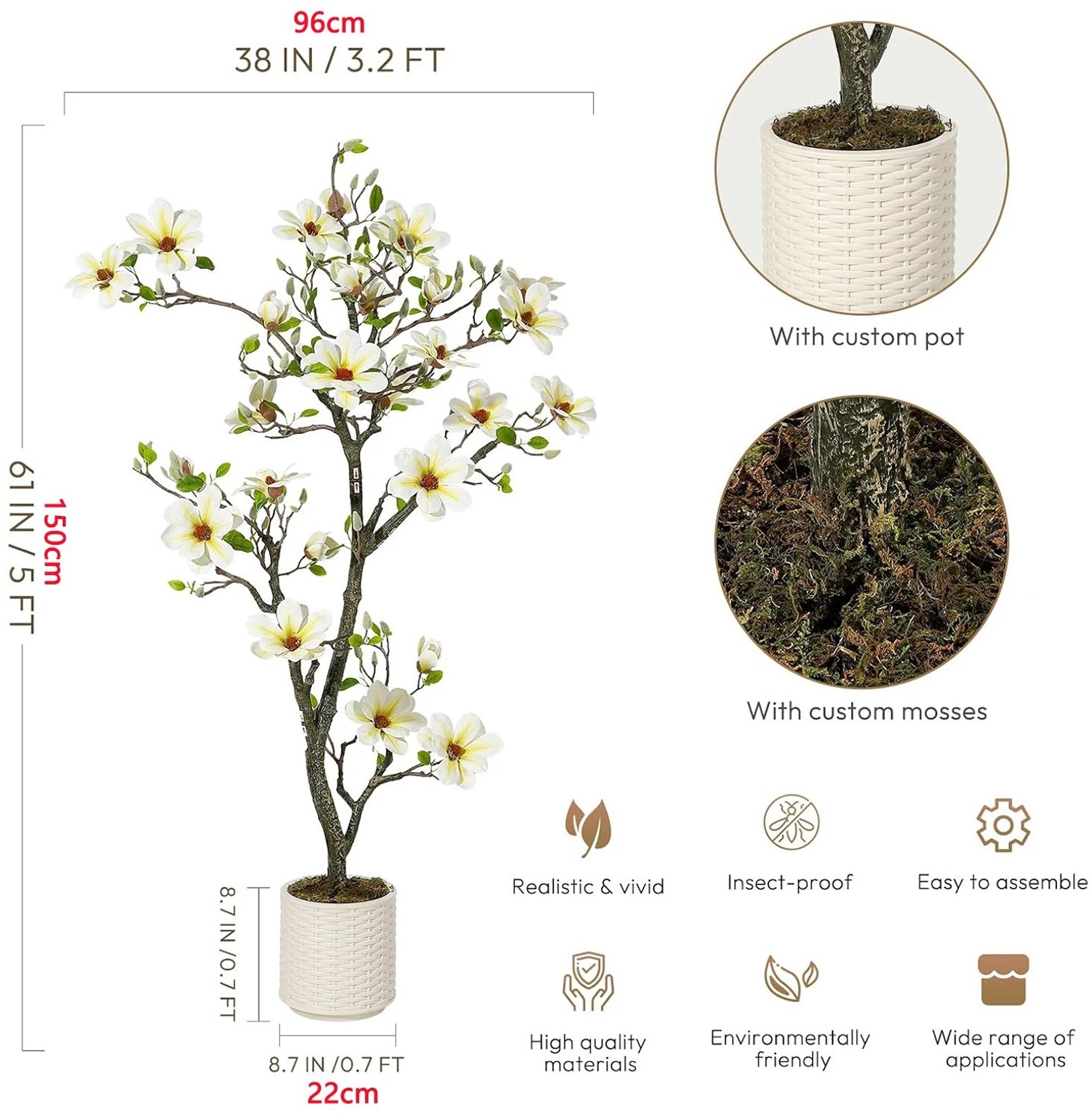 Lamor Kunst Magnolia - Kunstplant in pot - Kunstplanten voor binnen - Plant - Planten - Nepplant - Bloesemboom - 150 cm