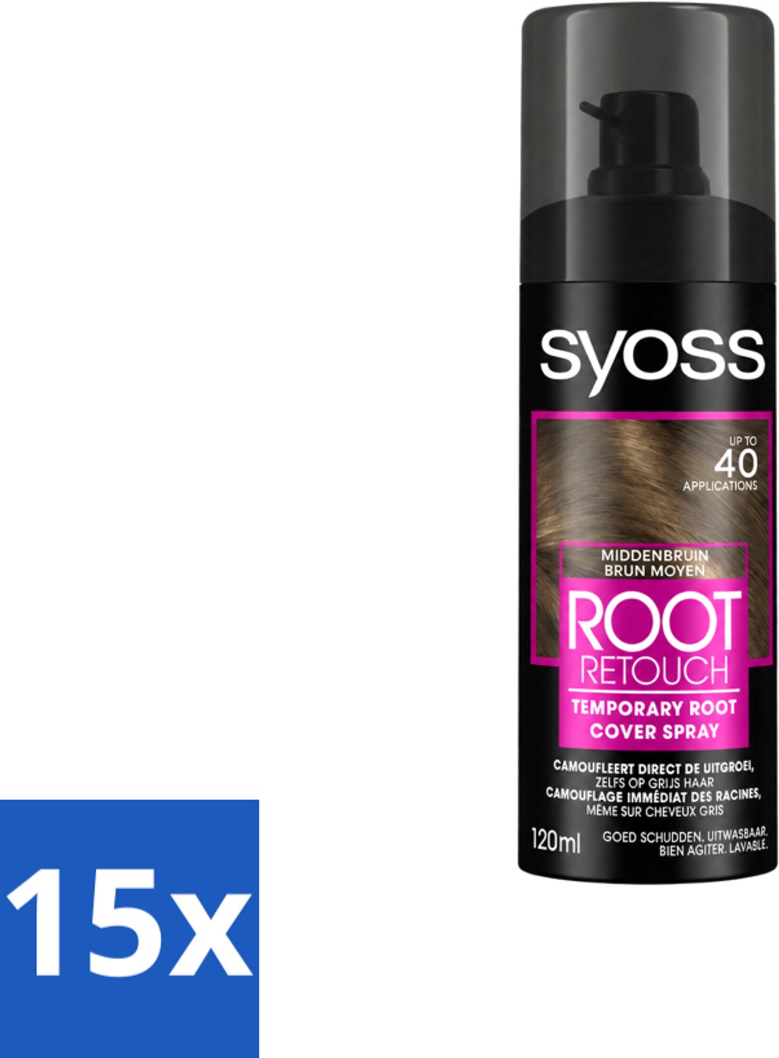 15 x SYOSS - Uitgroeispray Middenbruin - Directe Grijsdekking - Voordeelverpakking - 15 stuks