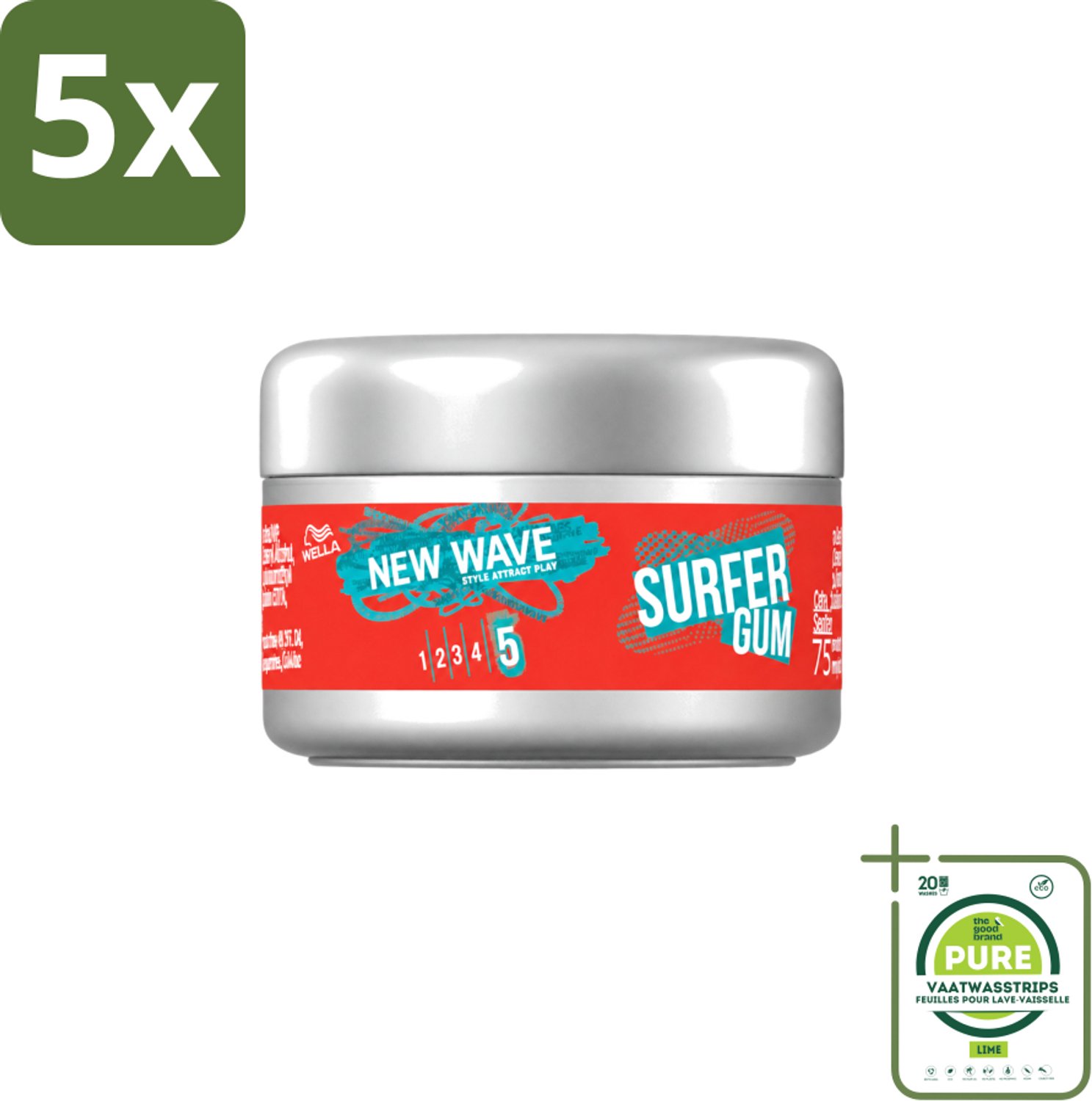 5 x Wella – New Wave Ultimate Effect Surfer Gum - 75 ml - Grootverpakking - Vaatwasstrips - Haarstructuur - Haartextuur - Haardefinitie - Haarfixatie - Haarstijl