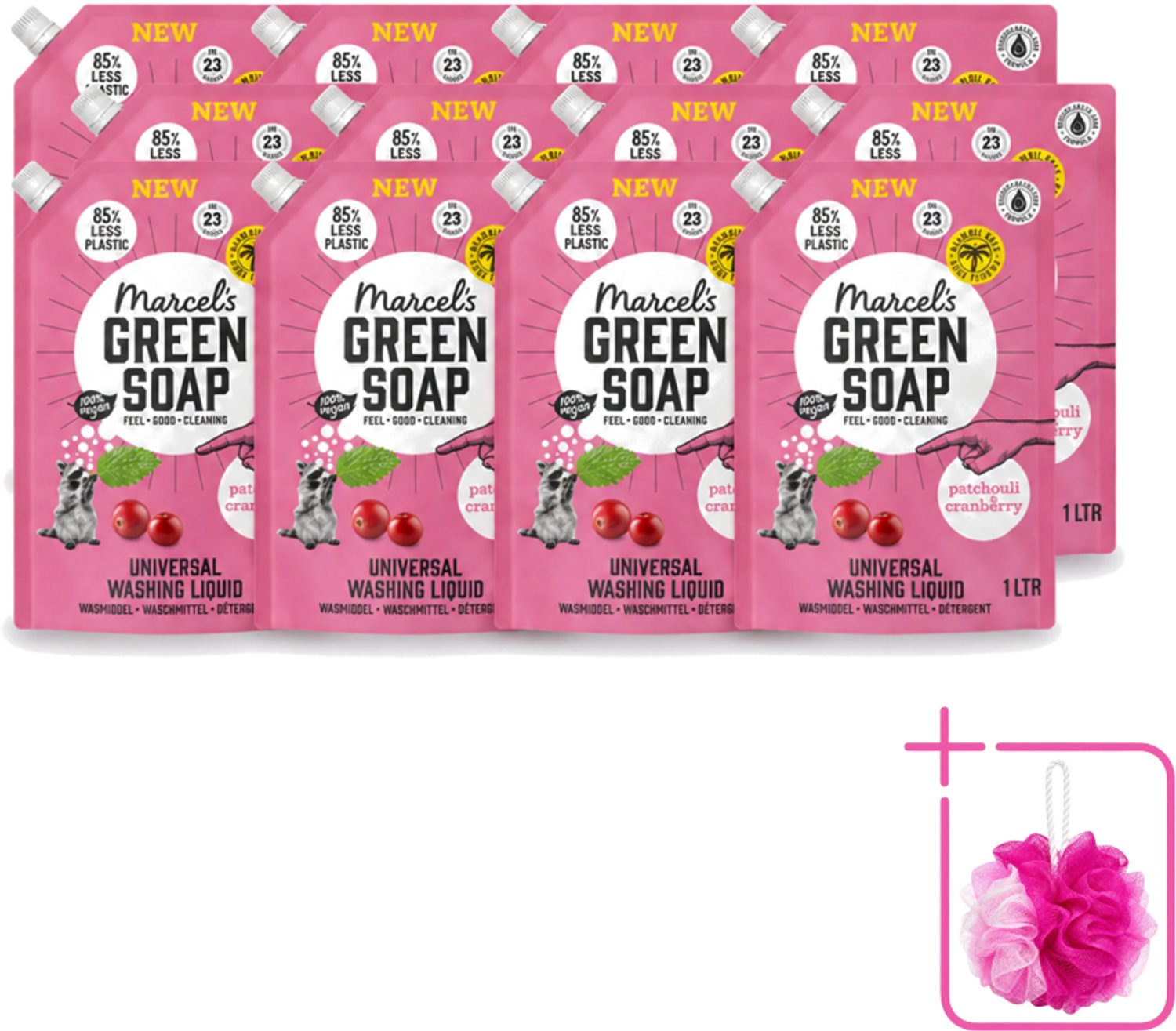 12 x Marcel's Green Soap - Vloeibaar Wasmiddel - Universeel - Navulling - Patchouli & Cranberry - Effectief & natuurlijk - 23 Wasbeurten - 1 liter - Bulkverpakking - Wasmiddel - Douchemop - Natuurlijk wasmiddel
