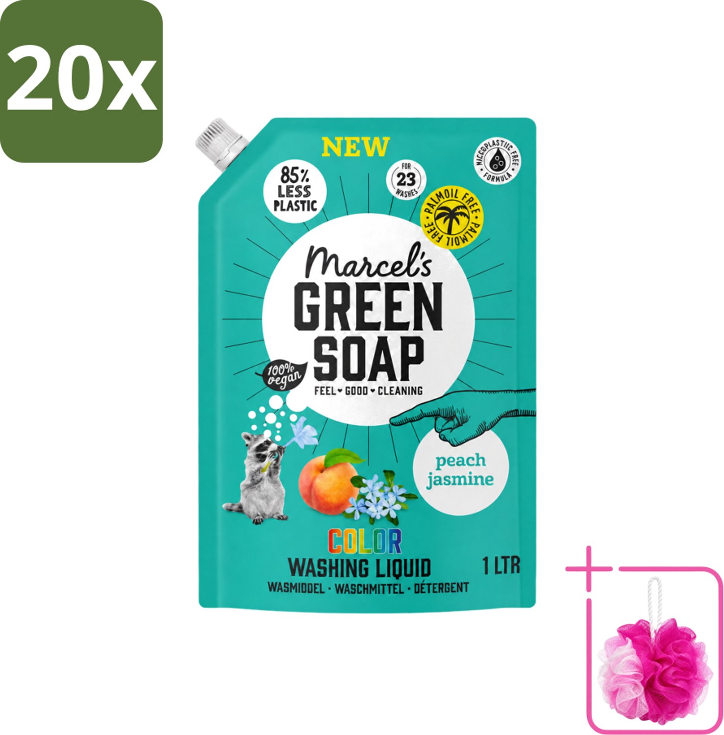 20 x Marcel's Green Soap - Vloeibaar Wasmiddel - Kleur - Navulling - Perzik & Jasmijn - Effectief & natuurlijk - 23 Wasbeurten - 1 liter - Bulkverpakking - Wasmiddel - Douchemop - Natuurlijk wasmiddel
