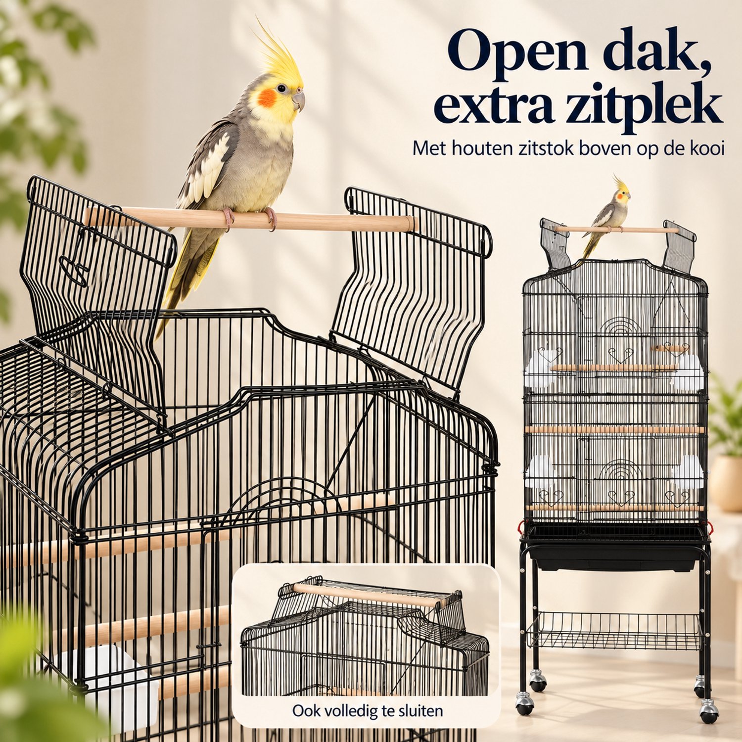Papa Simba Vogelkooi met Standaard – Open Dak met Zitplaats – 4 Voerbakken – Verrijdbaar – Zwart – HMTM-10002-Black thumbnail 2