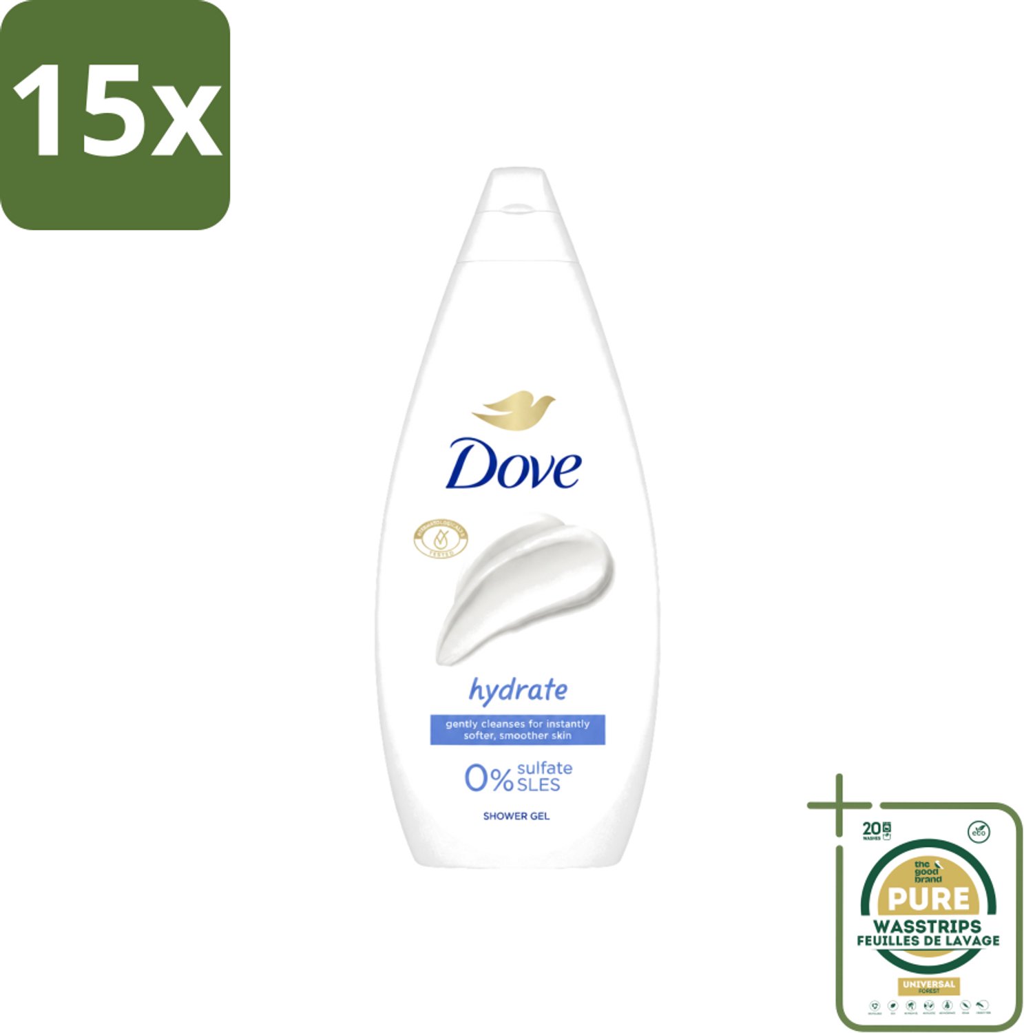 15 x Dove Douchecrème - Hydrate - 720 ml - Wasstrips - Douchegel - Hydraterende Douchegel - Droge Huid - Huidverzorging - Douchegel Voor Droge Huid
