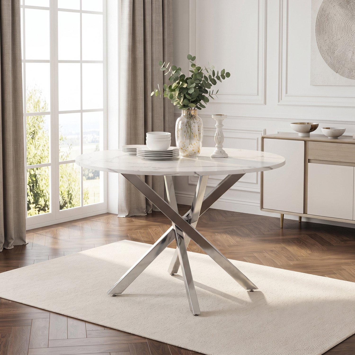 Clruro Eettafel - Ø80×75 cm - Rond - Marmerlook - MDF en Metaal - Wit/Zilver