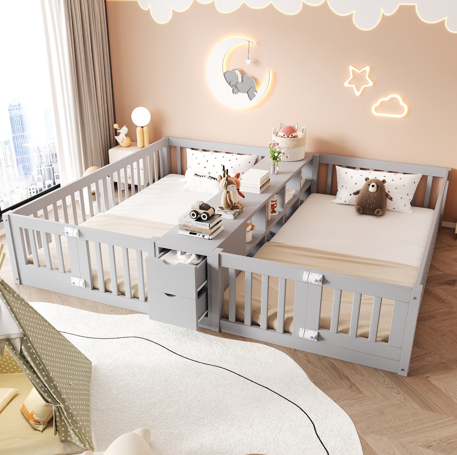 Wishdor Kinderbed 90x200 cm - Twee afzonderlijke slaapplaatsen naast elkaar - Centrale open opbergruimte met legplanken en twee lades - Zijhekken - Hout en MDF - Grijs - Kinderkamer voor broers, zussen of tweelingen