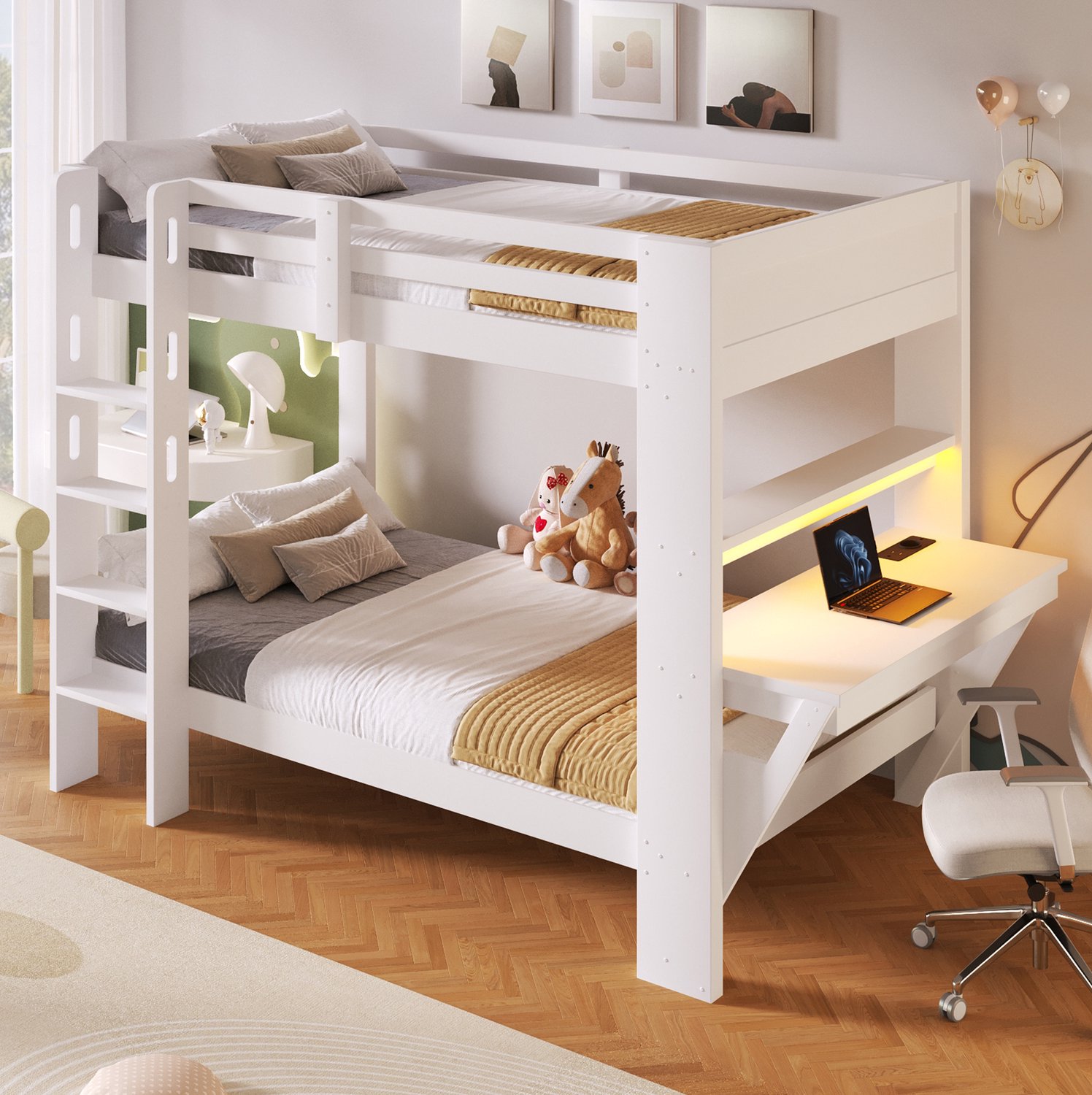 OKWISH Stapelbed 90 x 200 cm - met Bureau en Stopcontact - Verstelbare Ledverlichting - Open Vakken en Veiligheidshekje - Zonder Matras - Wit