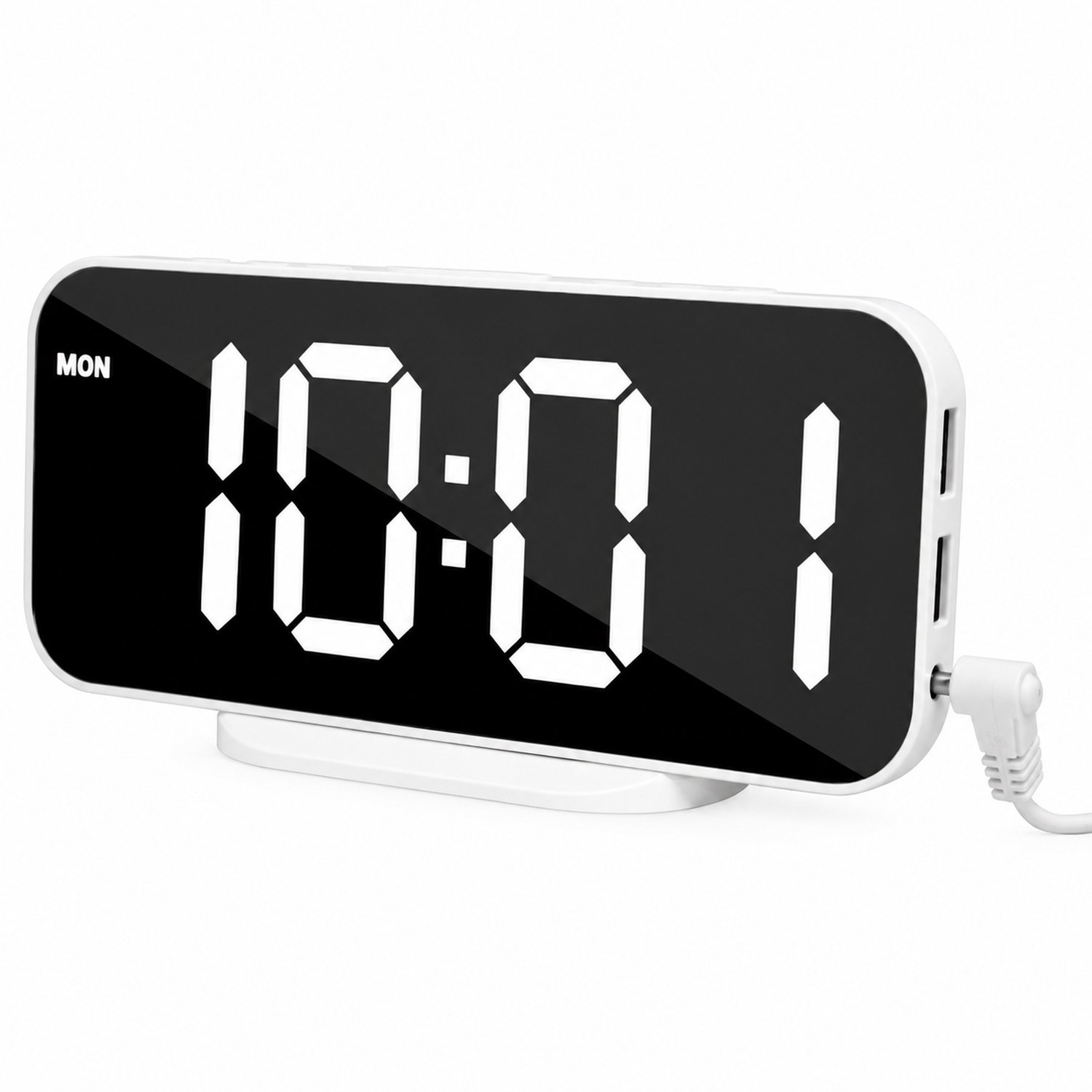 wekker met digitaal LED-display en weekdagweergave - Wit - Spiegelfront, tafelvoet en externe voeding
