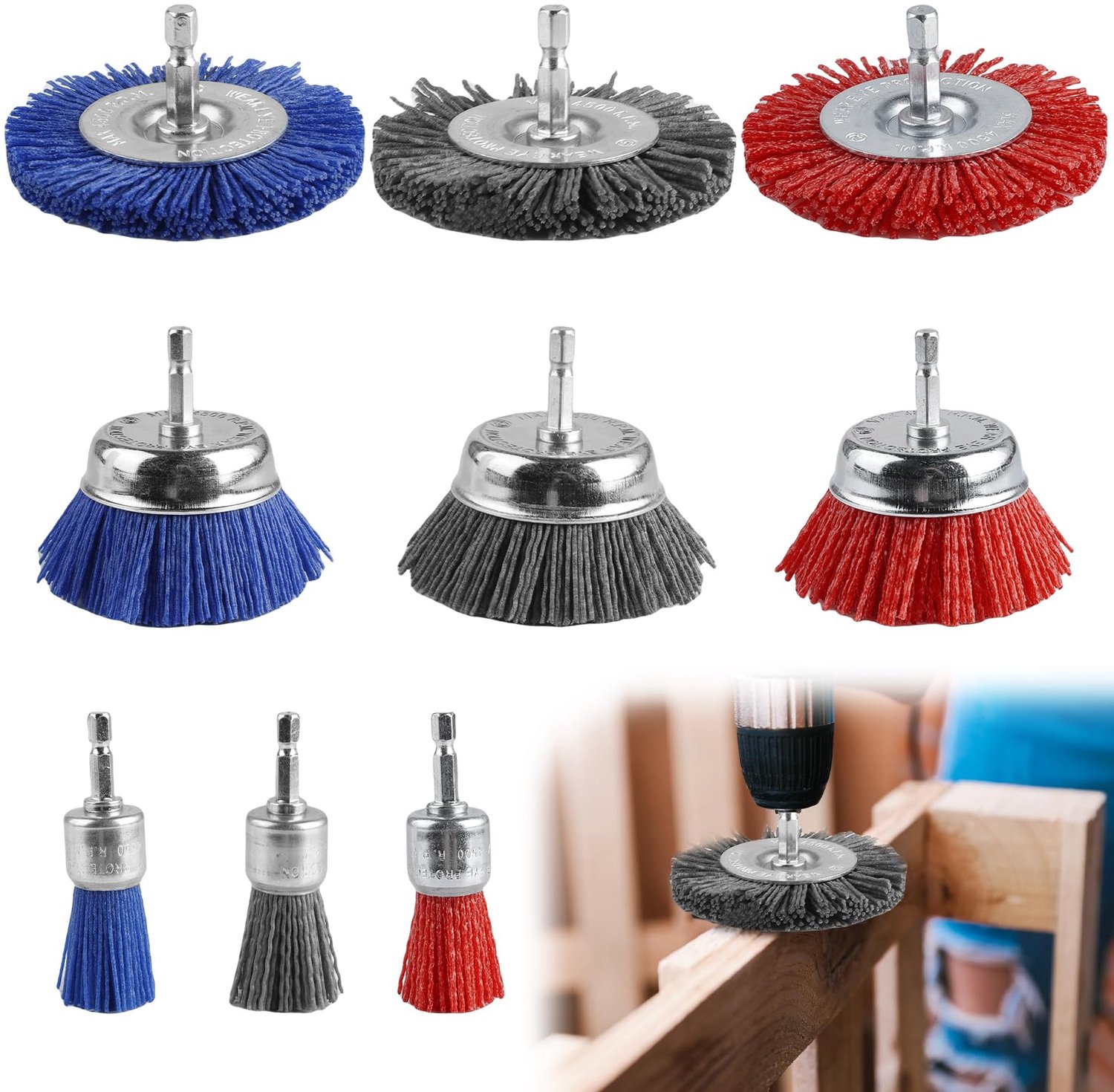 Set van 9 Nylon Borstels voor Boormachine met Hexaansluiting