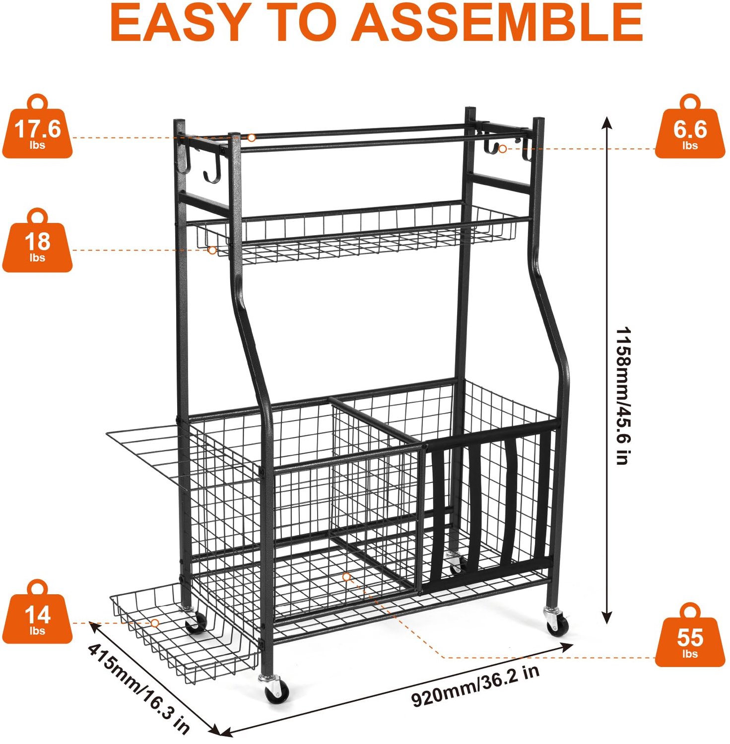 Sinoer Opbergrek voor sportuitrusting, anti-kras patroonafwerking | 3 planken + draadmanden + haken voor wandmontage | Organizer voor garage, buiten,