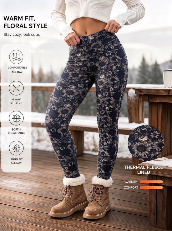 Dames Winterlegging Maat M – Fleece Gevoerd – Hoge Taille – Zonnebloemen Bloemenprint – Marineblauw — afbeelding 3