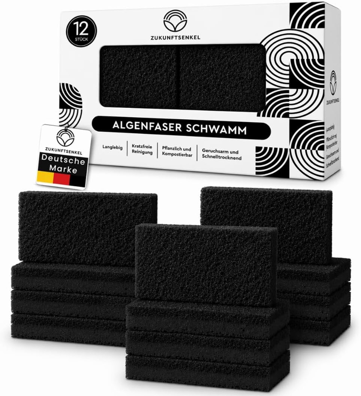 Afwassponzen 12 stuks - Zwarte algenvezelspons - Biologisch afbreekbaar - Milieuvriendelijk voor moderne keukens - ShopVlot