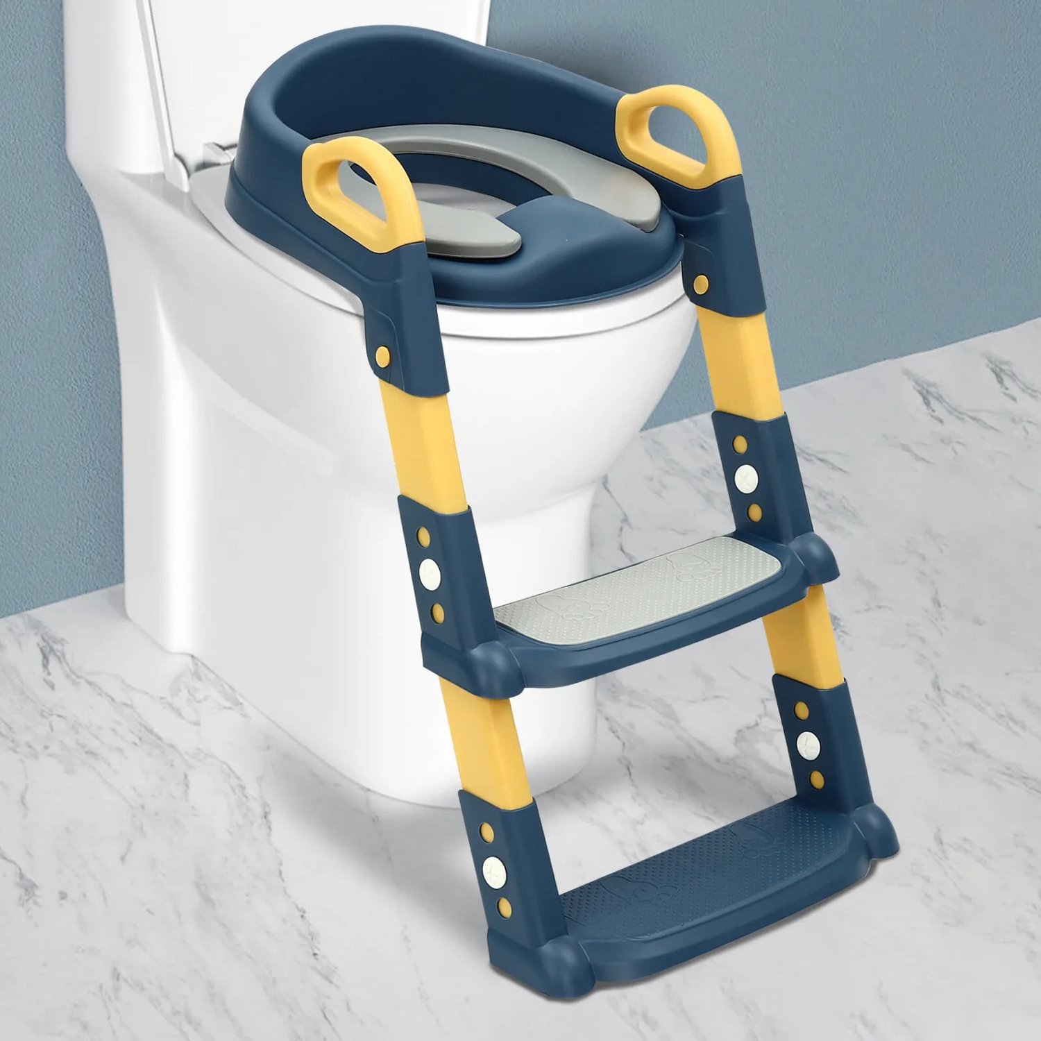 Veya WC verkleiner met trapje - Blauw - Geel - Opvouwbaar - Afneembaar zitkussen - Antislip - Met handgrepen - 34 x 34 x 44 cm