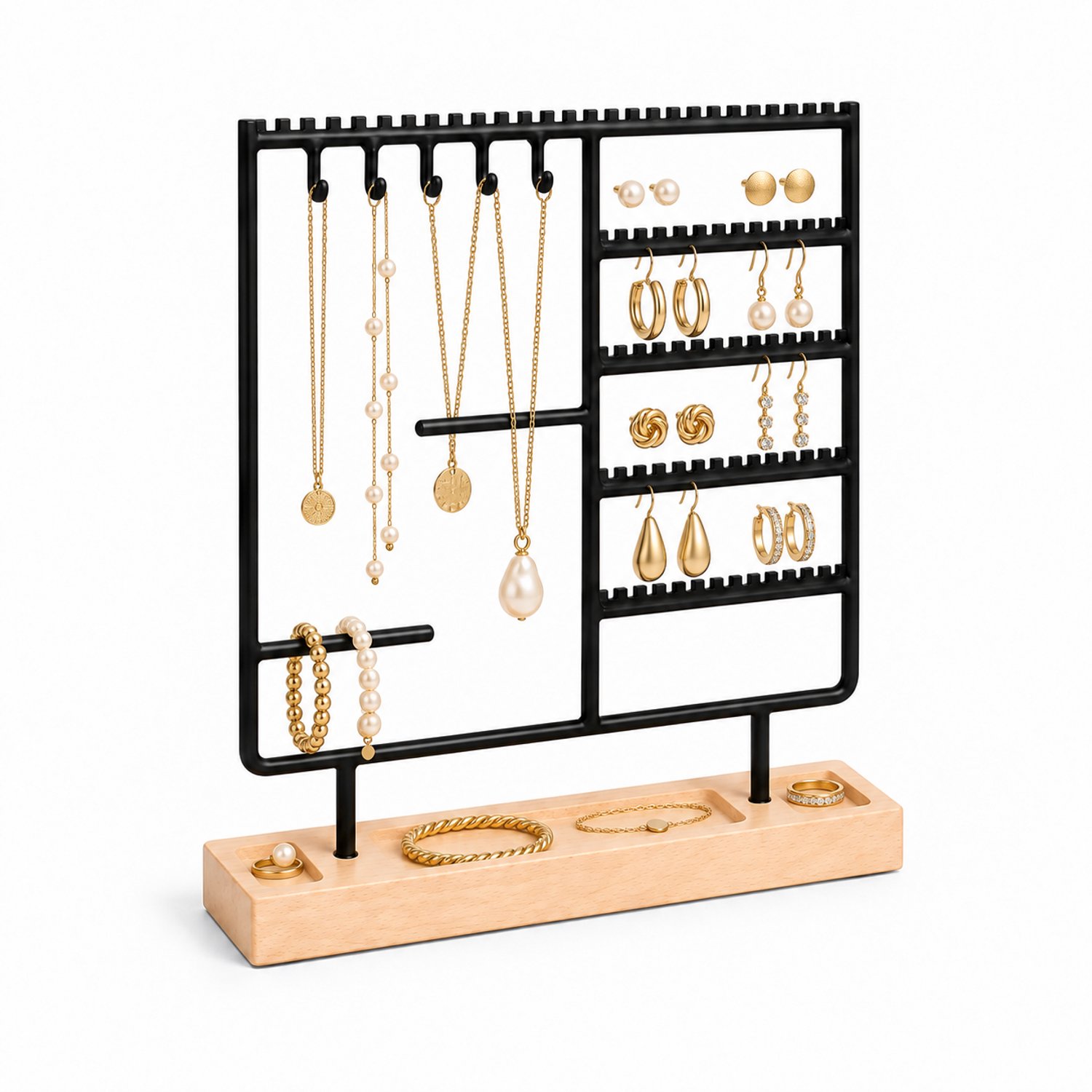 DIVERZA Sieradenrek – Met Houten Standaard – Voor Kettingen en Oorbellen – Sieradenhouder – 34,5 × 30 cm / Zwart