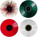 Vier vinylplaten: een met rood-groene spetters, een effen groene, een rode en een transparante plaat.