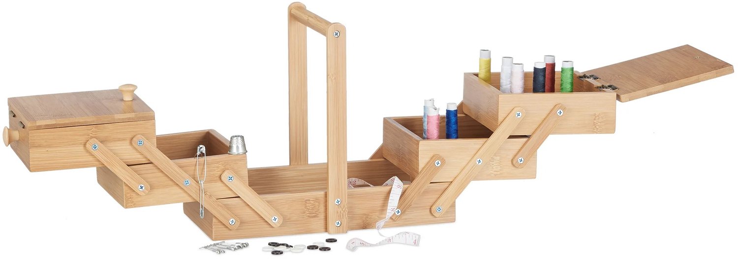 Molhaus Naaibox van Bamboe - 5 Vakken - Uitklapbaar - 24 x 14 x 20 cm - Voor Naaispullen en Sieraden - Naaidoos - Sieradenbox