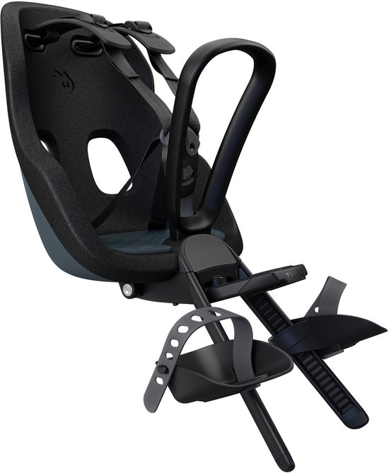 Siège enfant de vélo noir avec accents gris, sangles réglables et repose-tête.