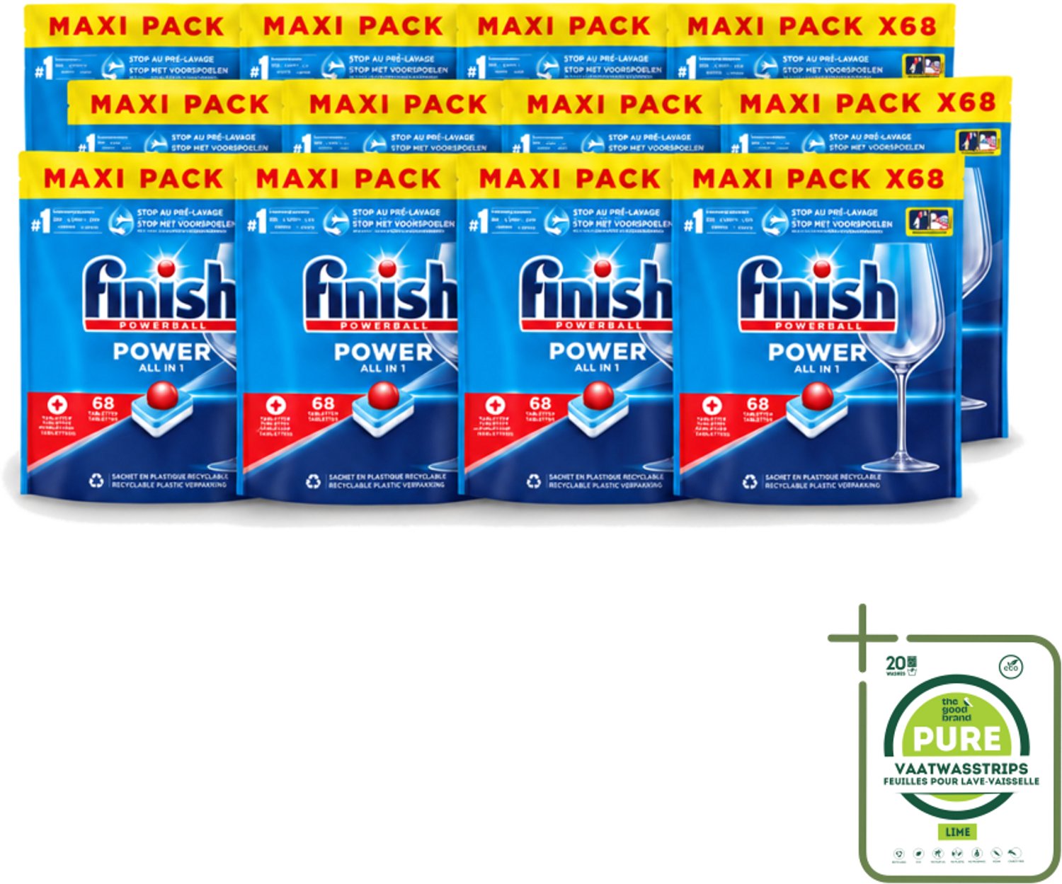 12 x Finish Powerball - Power All in 1 - Vaatwastabletten - Reiniging & Glans - 68 Tabletten - Grootverpakking - Vaatwasstrips - Vaatwastabletten - Vaatwasmiddel - Reiniging - Vaatwasser - Anti-kalk