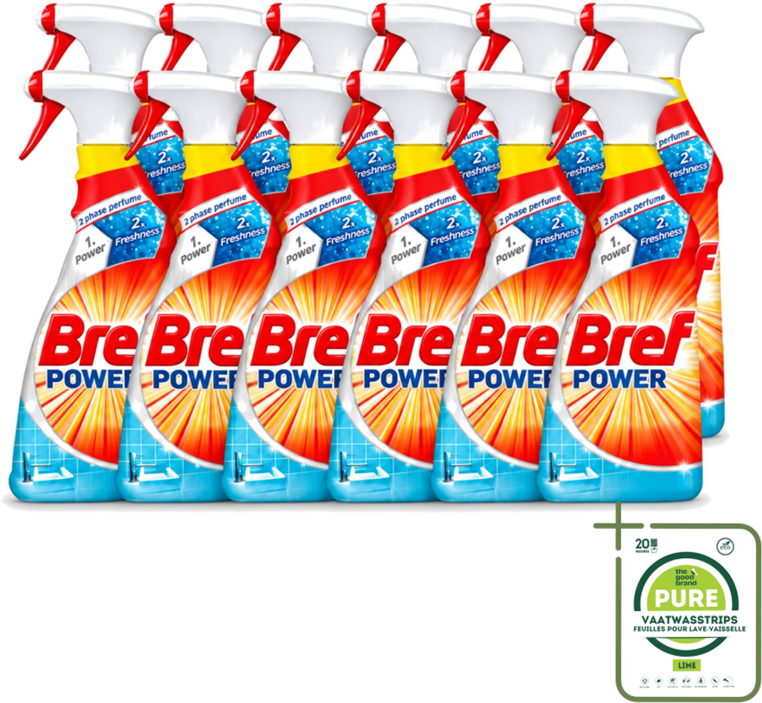 12 x Bref Power - Badkamerreiniger - Spray - Anti-Kalk & Vuil - Fris - 750 ml - Grootverpakking - Vaatwasstrips - Kalk Verwijderen - Vuil Verwijderen - Badkamer Schoonmaken - Douchecabine Schoonmaken - Gootsteen Schoonmaken