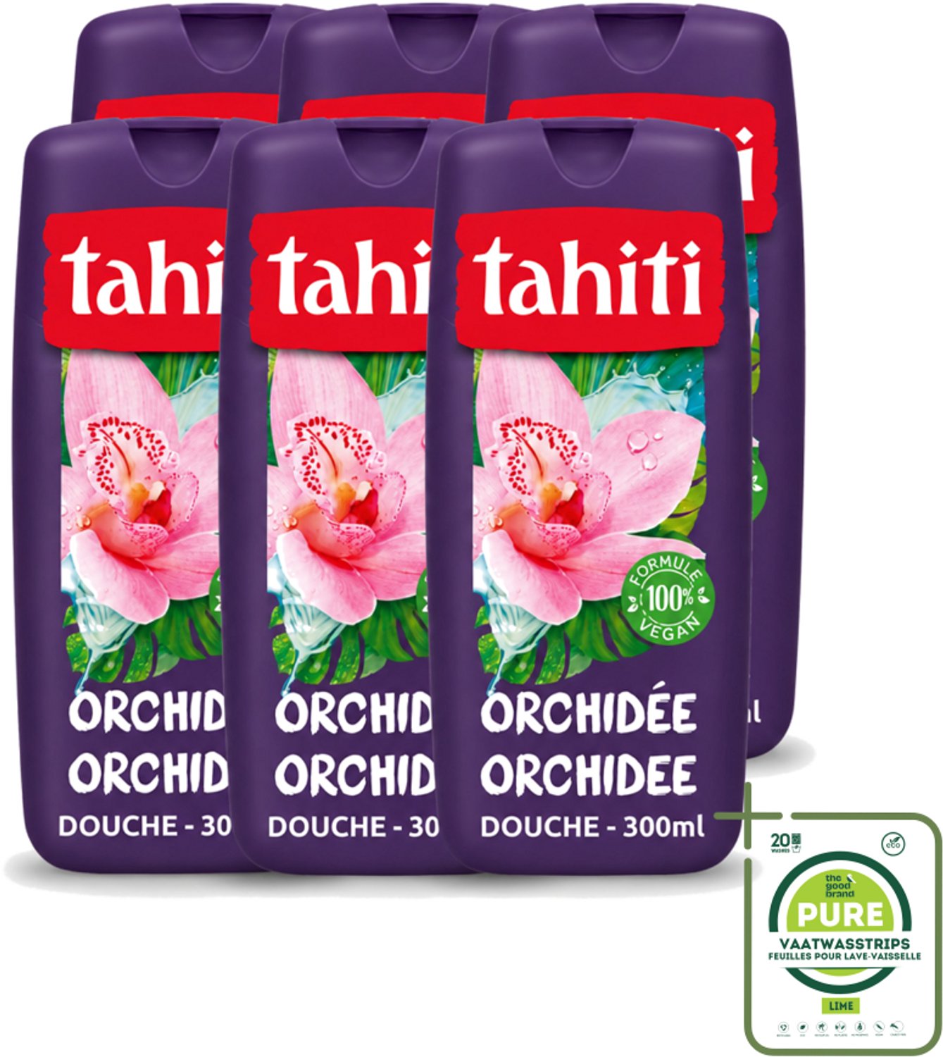 6 x Tahiti - Douchegel - Orchidee - 100% Vegan - 300 ml - Grootverpakking - Vaatwasstrips - Douchegel Orchidee - Orchidee Geur - Hydraterende Douchegel - Verzorgende Douchegel - Bloemige Geur