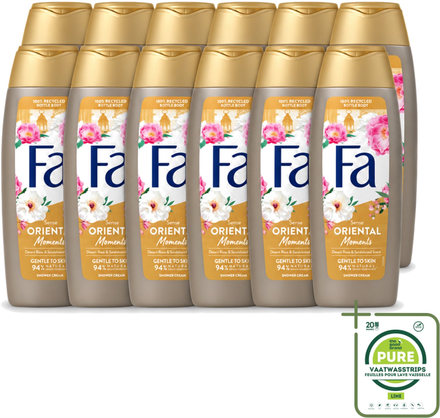 12 x Fa - Oriental Moments - Douchecrème - Woestijnroos & Sandelhout - 250 ml - Grootverpakking - Vaatwasstrips - Douchecrème - Woestijnroos - Sandelhout - Geur - Huidverzorging