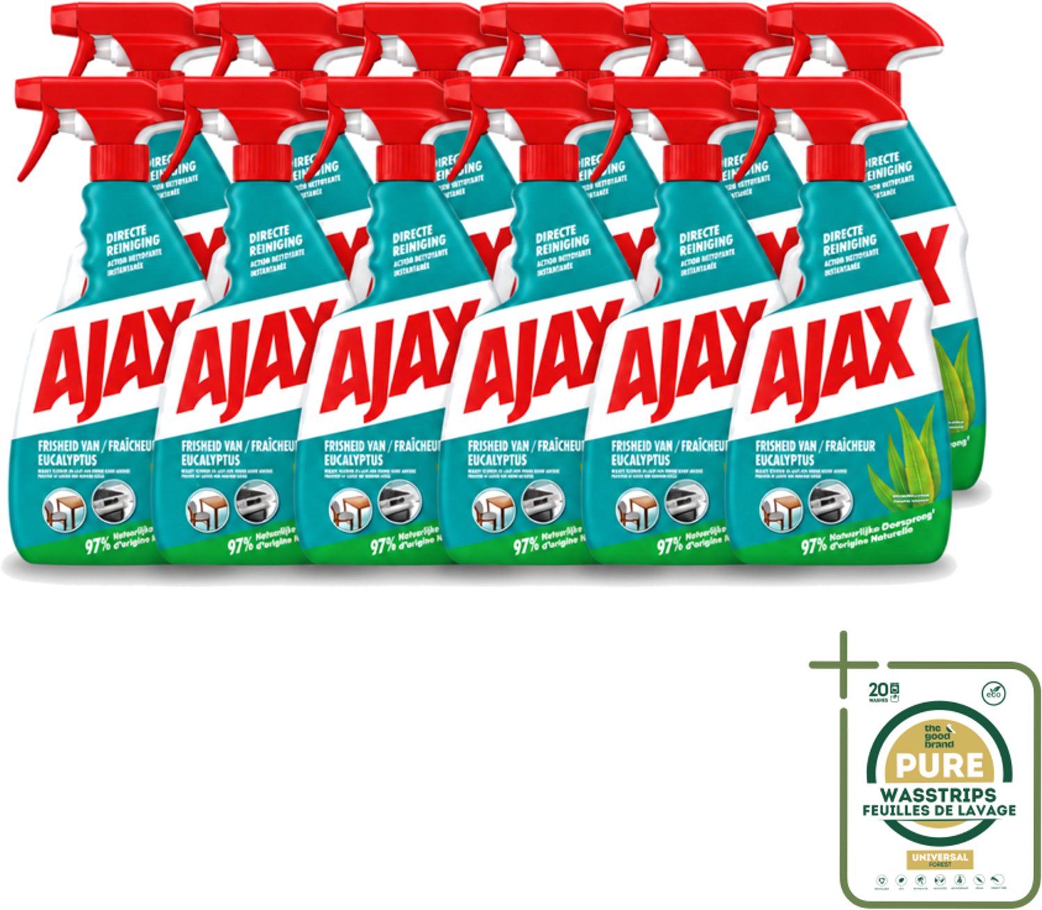 12 x Ajax – Multi-Purpose Spray – Eucalyptus – 750 ml - Wasstrips - Schoonmaak Spray - Eucalyptus Reiniger - Allesreiniger - Krachtige Reiniger - Multi-purpose Spray