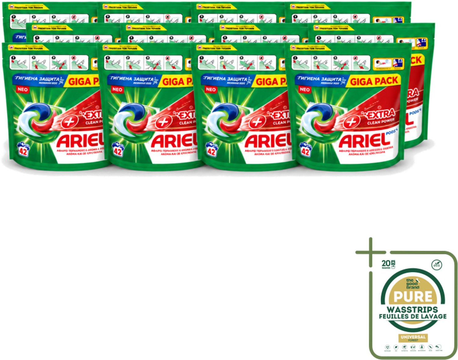 12 x Ariel – Pods – Clean Power Extra Schoon – 42 wasbeurten - Wasstrips - Ariel Clean Power Pods - Extra Schoon Pods - Krachtige Vlekverwijdering - 42 Wasbeurten - Power Segment