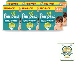 6 x Pampers – Luiers – Baby-Dry Trio Pack Maat 3 (6-10 kg) – 156 Luiers - Wasstrips - Baby Luiers - Droge Luiers - Anti-lek Luiers - Baby Droogheid - Nachtluier