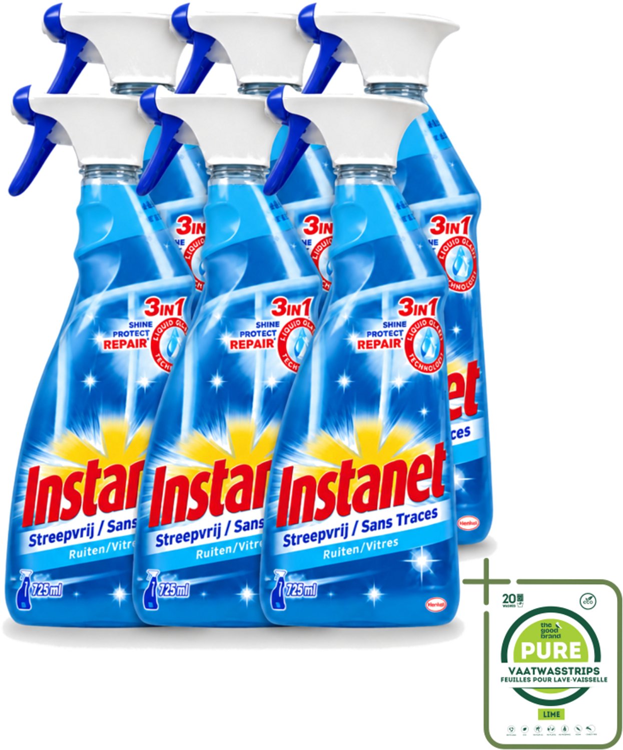 6 x Instanet - Ruitenreiniger - Streepvrij - 3in1 Spray - 725 ml - Grootverpakking - Vaatwasstrips - Ruitenreiniger - Streepvrije Ruiten - Ruiten Reinigen - Ruiten Reinigingsalcohol - 3-in-1 Ruitenreiniger