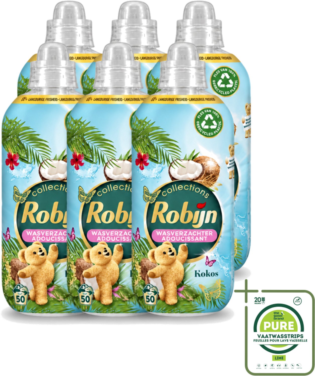 6 x Robijn Collections - Wasverzachter - Kokos - 1,25L - 50 Wasbeurten - Grootverpakking - Vaatwasstrips - Wasverzachter Kokos - Wasverzachter Voor Kleding - Kokos Geur Wasverzachter - Wasverzachter Voor Wasbeurten - Wasverzachter Met Luxe Geur