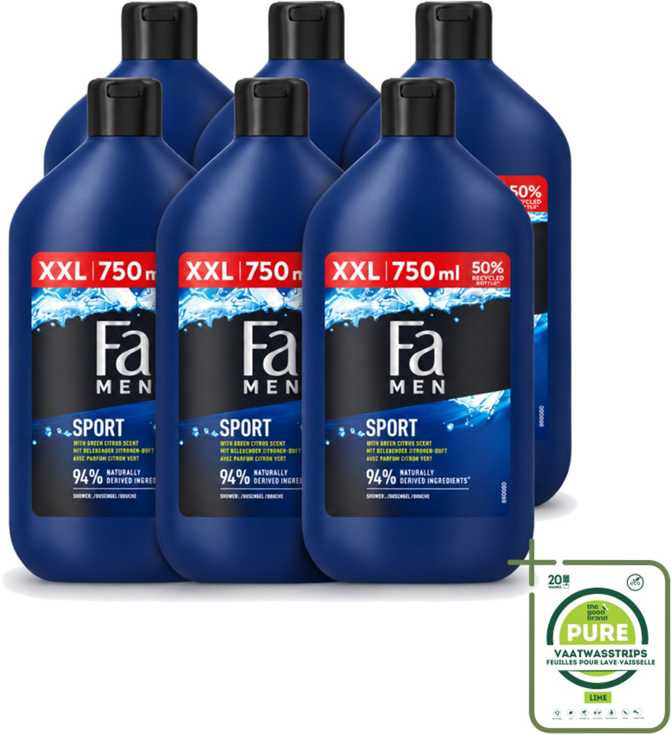6 x Fa Men - Sport - Douchegel - Groene Citrus - 750 ml - Grootverpakking - Vaatwasstrips - Douchegel Voor Mannen - Sport Douchegel - Groene Citrus Geur - Verfrissende Douchegel - Dagelijks Gebruik