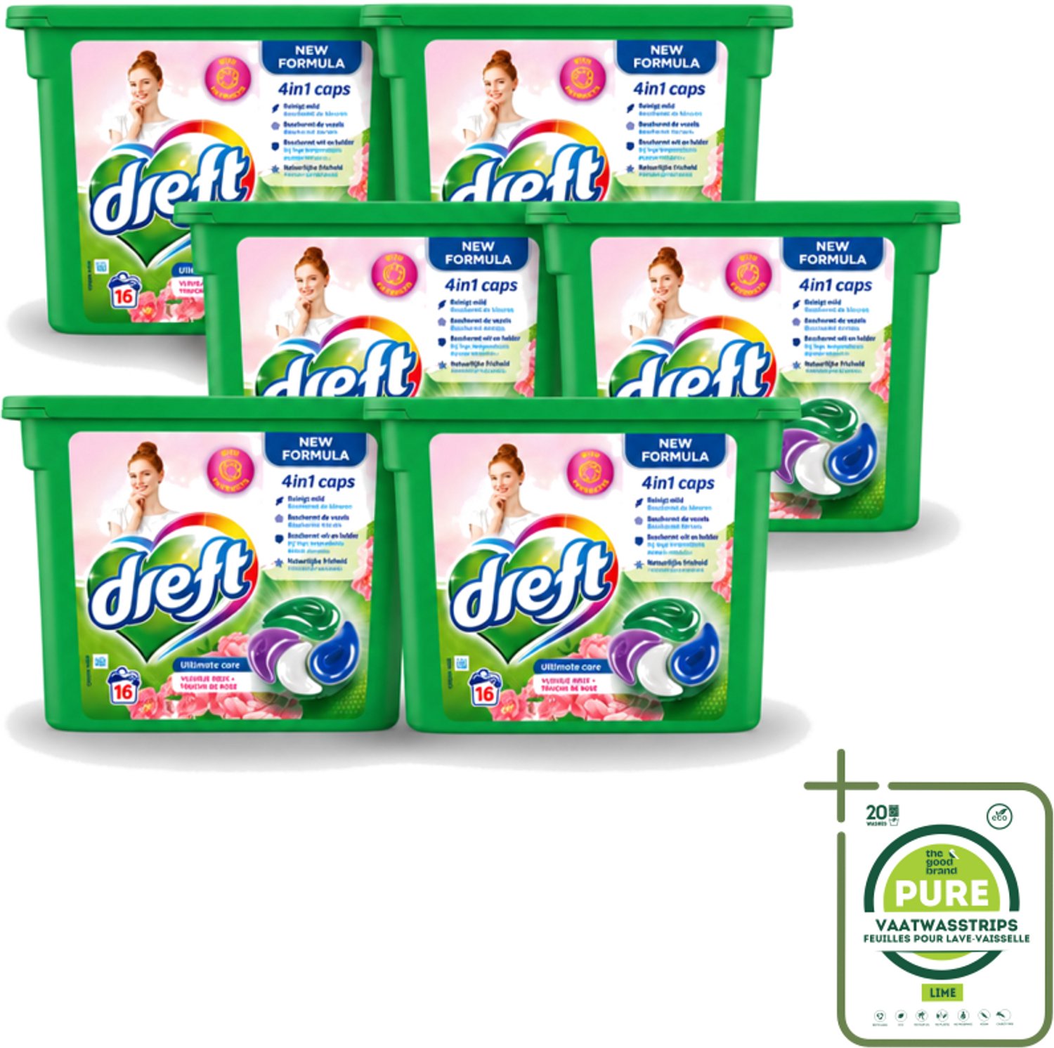 6 x Dreft - Nieuwe Formule - Wasmiddelcapsules 4in1 - Witte en Gekleurde Was - Vleugje Roze - 16 Wasbeurten - Grootverpakking - Vaatwasstrips - Wasmiddelcapsules - Wasbeurten - Kleurbescherming - Frisheid - Wasgoed
