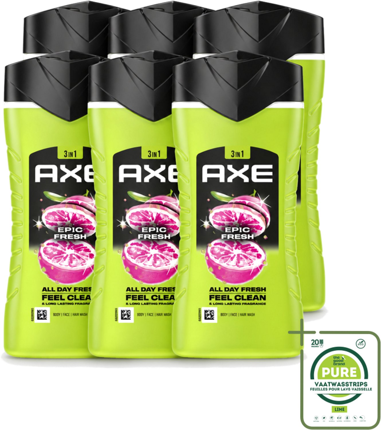 6 x Axe - 3-in-1 Douchegel - Epic Fresh - Grapefruit & Tropical Pineapple - Fresh Boost - 250 ml - Grootverpakking - Vaatwasstrips - Douchegel - Frisheid - Geur - Lichaam - Gezicht