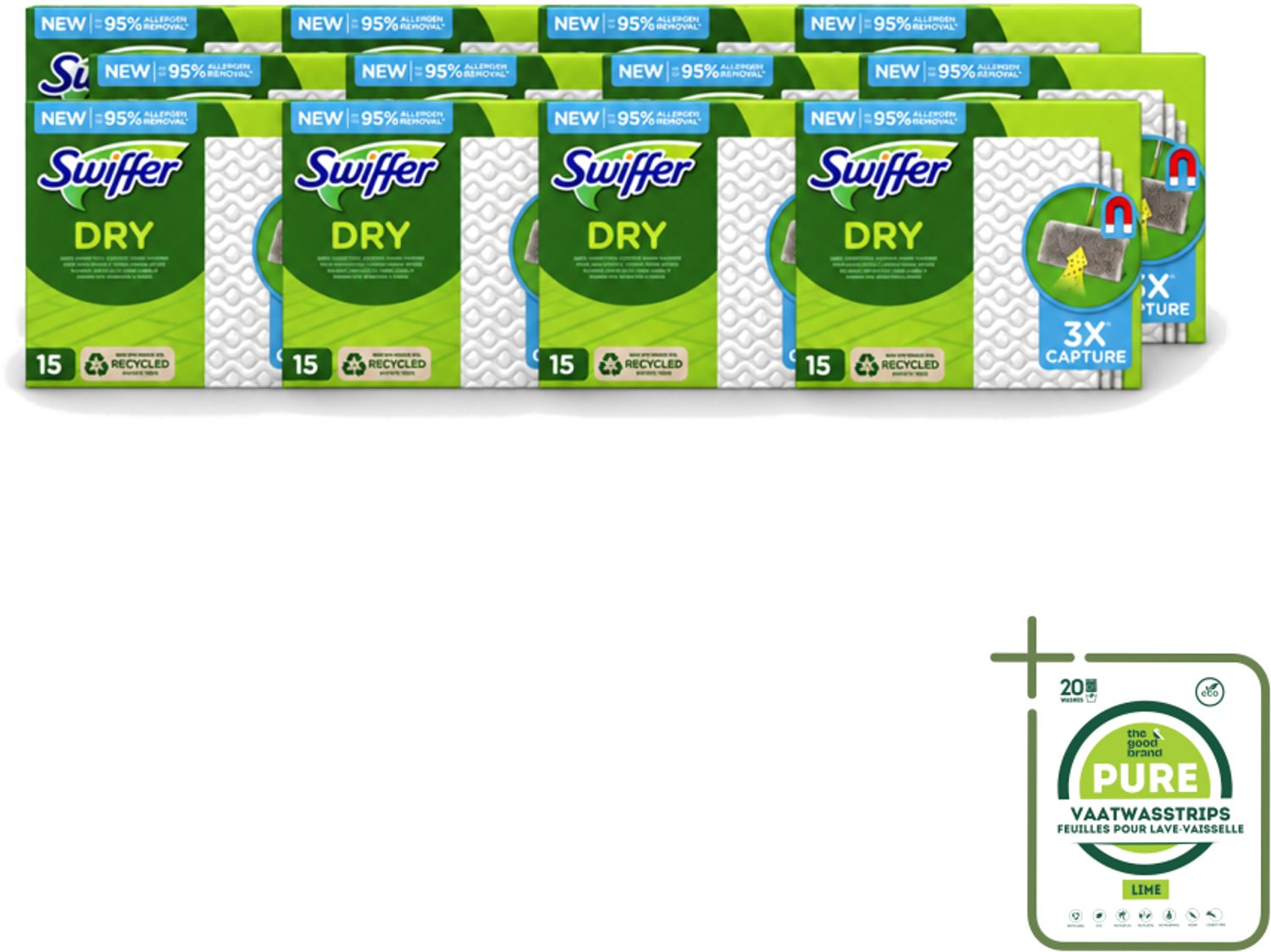 12 x Swiffer Dry - Vloerdoekjes - Navulling - Gerecyclede Fibers - 15 Doekjes - Grootverpakking - Vaatwasstrips - Stofwisdoekjes - Stof Opnemen - Stof Verwijderen - Schoonmaken - Vloer Reinigen