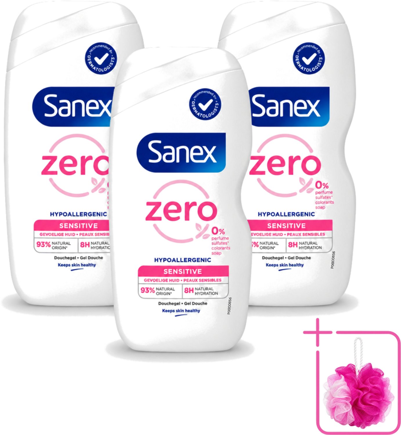 3 x Sanex Zero% - Douchegel - Gevoelige Huid - 0% Parfumsulfaten - Hypoallergeen - 400 ml - Bulkverpakking - Gevoelige huid - Douchemop - Hypoallergene douchegel