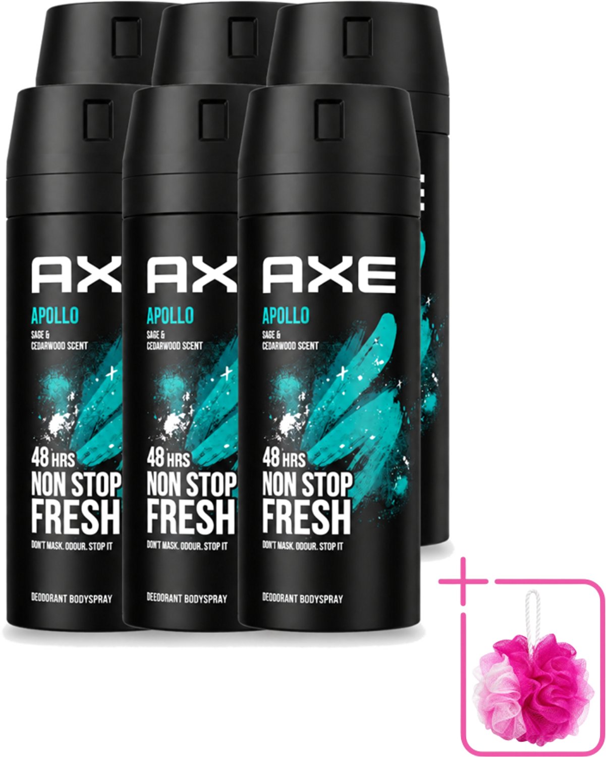 6 x Axe - Deodorant Bodyspray - 48hrs Fresh - Apollo - Sage & Cedarwoord - 150 ml - Bulkverpakking - 48 uur bescherming - Douchemop - Deodorant sprayer