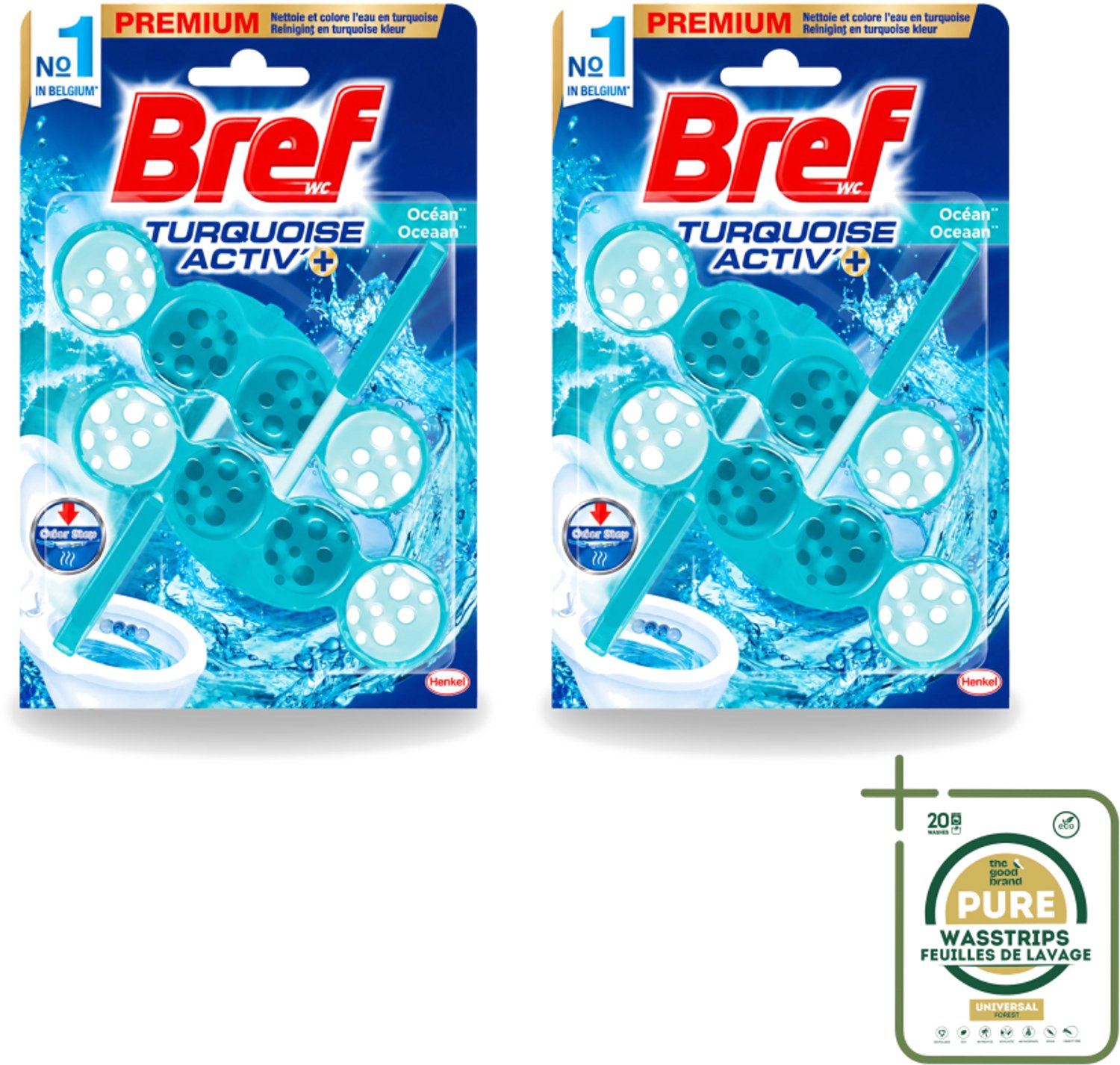 2 x Bref WC - Turquoise Activ+ - Toiletblok - Oceaan - 2 Blokken - Wasstrips - Toilet - Toiletblok - Oceaanfrisheid - Reiniging - Anti-kalk