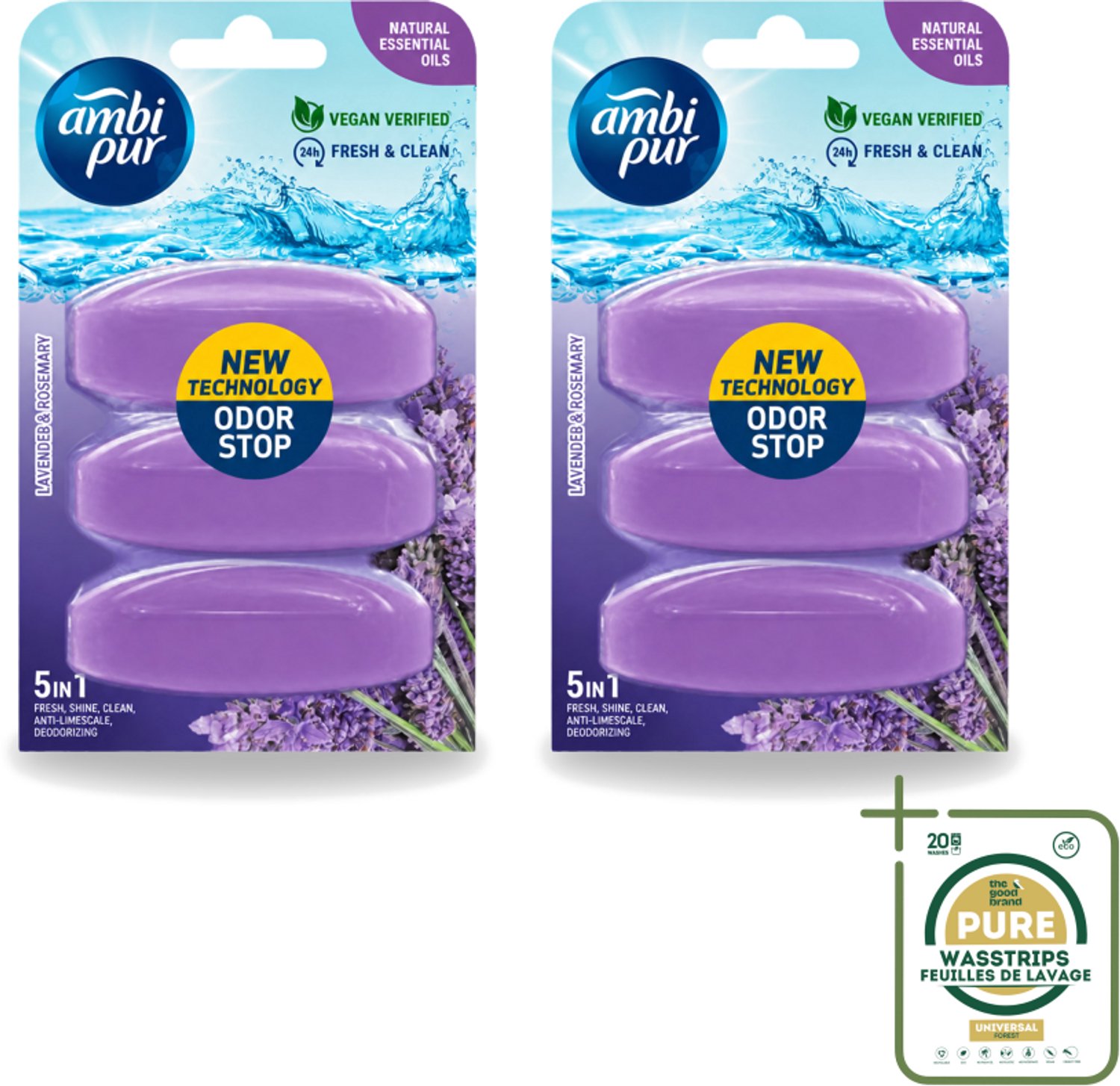 2 x Ambi Pur - Navulling Toiletblok - Lavendel & Rozemarijn - 3 Blokken - Wasstrips - Toiletblok Navulling - Reinigingsvulling - Frisse Toiletomgeving - Lavendel En Rozemarijn - Hygiëne