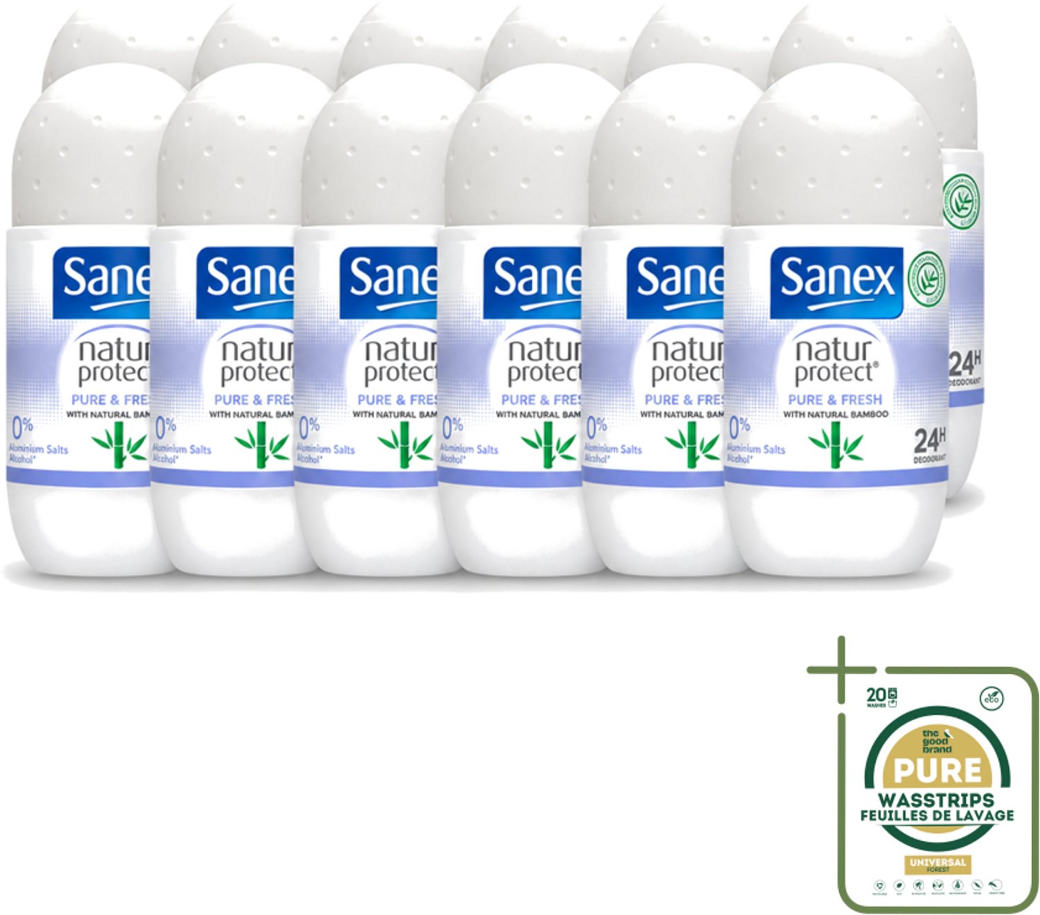12 x Sanex Natur Protect - Deodorant Roller - Puur & Fris - Met Nattuurlijke Bamboo - 50 ml - Wasstrips - Natuurlijke Deodorant - Bamboe Deodorant - Fris Gevoel - Vochtabsorberend - Aluminiumvrij
