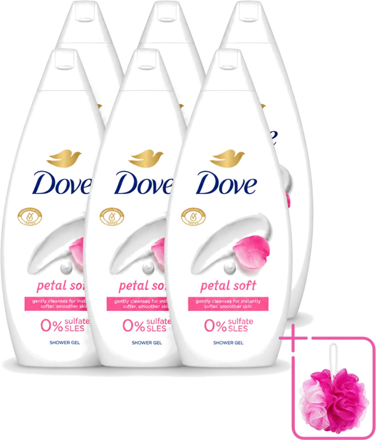 6 x Dove Petal Soft - Douchegel - Sulfaatvrij - 250 ml - Bulkverpakking - Douchegele - Douchemop - Zachte reiniging