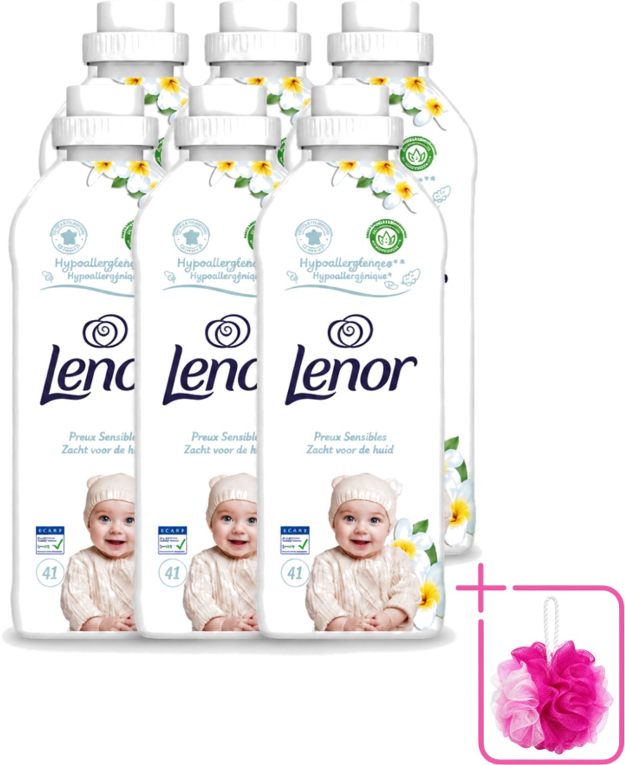 6 x Lenor - Wasverzachter - Gevoelig - Milde Geur - 41 Wasbeurten - Bulkverpakking - Wasverzachter - Douchemop - Gevoelige huid