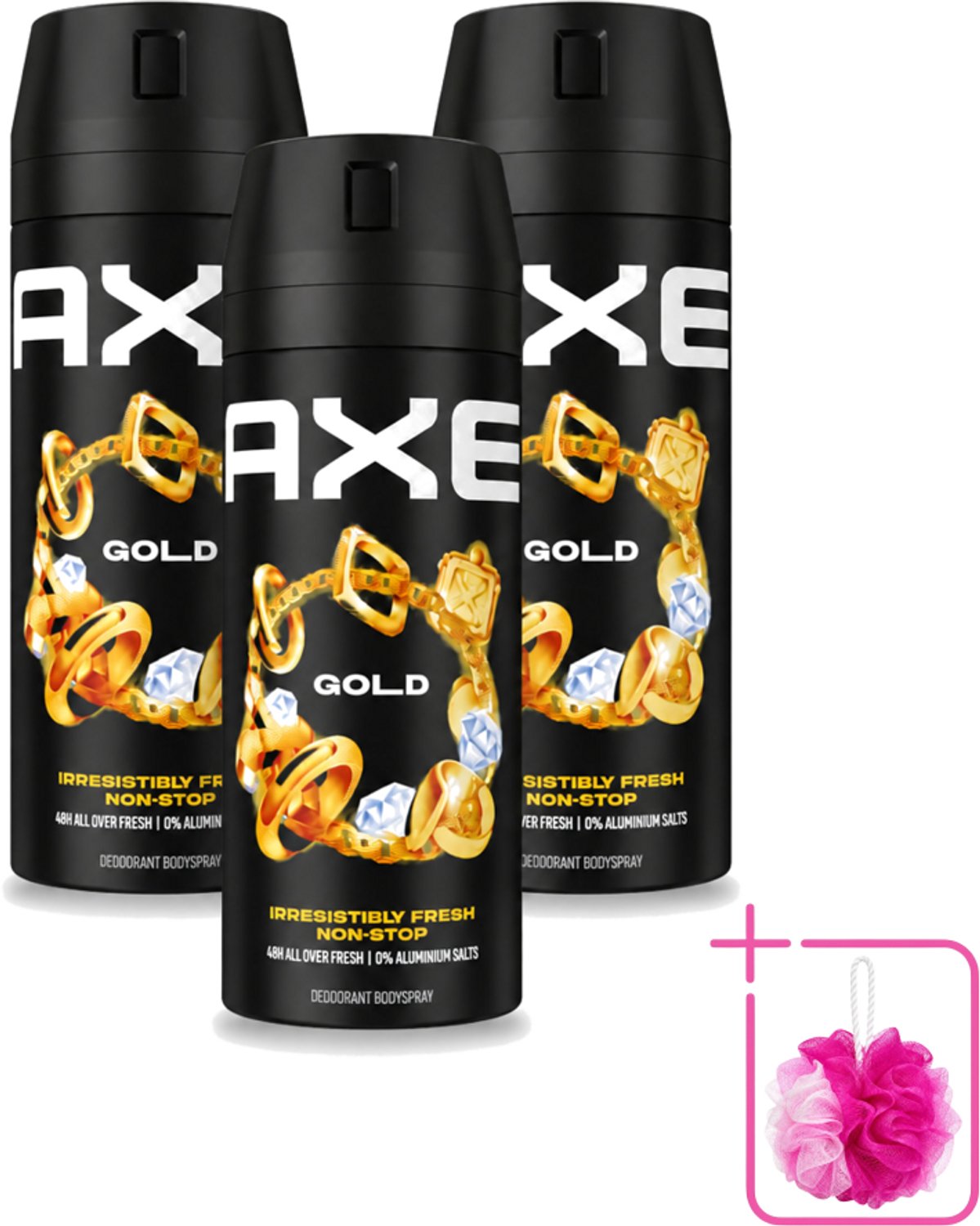 3 x Axe - Deodorant Bodyspray - 48hrs Fresh - Gold - Oud Wood & Fresh Vanilla - 150 ml - Bulkverpakking - 48 uur geurbeleid - Douchemop - Deodorant bodyspray