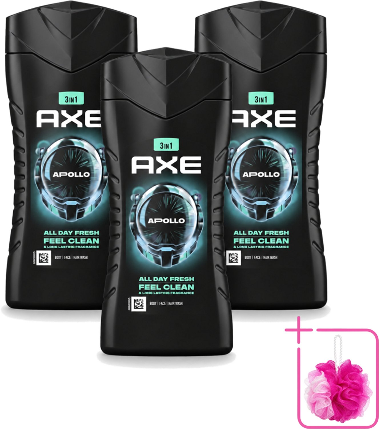3 x Axe - 3-in-1 Douchegel - Apollo - Sage & Cedarwoord - 12hrs Long Lasting Scent - 250 ml - Bulkverpakking - Douchegel lichaam gezicht haar - Douchemop - Geur salie cederhout