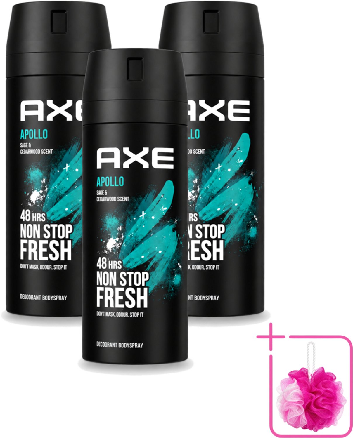 3 x Axe - Deodorant Bodyspray - 48hrs Fresh - Apollo - Sage & Cedarwoord - 150 ml - Bulkverpakking - 48 uur bescherming - Douchemop - Deodorant sprayer