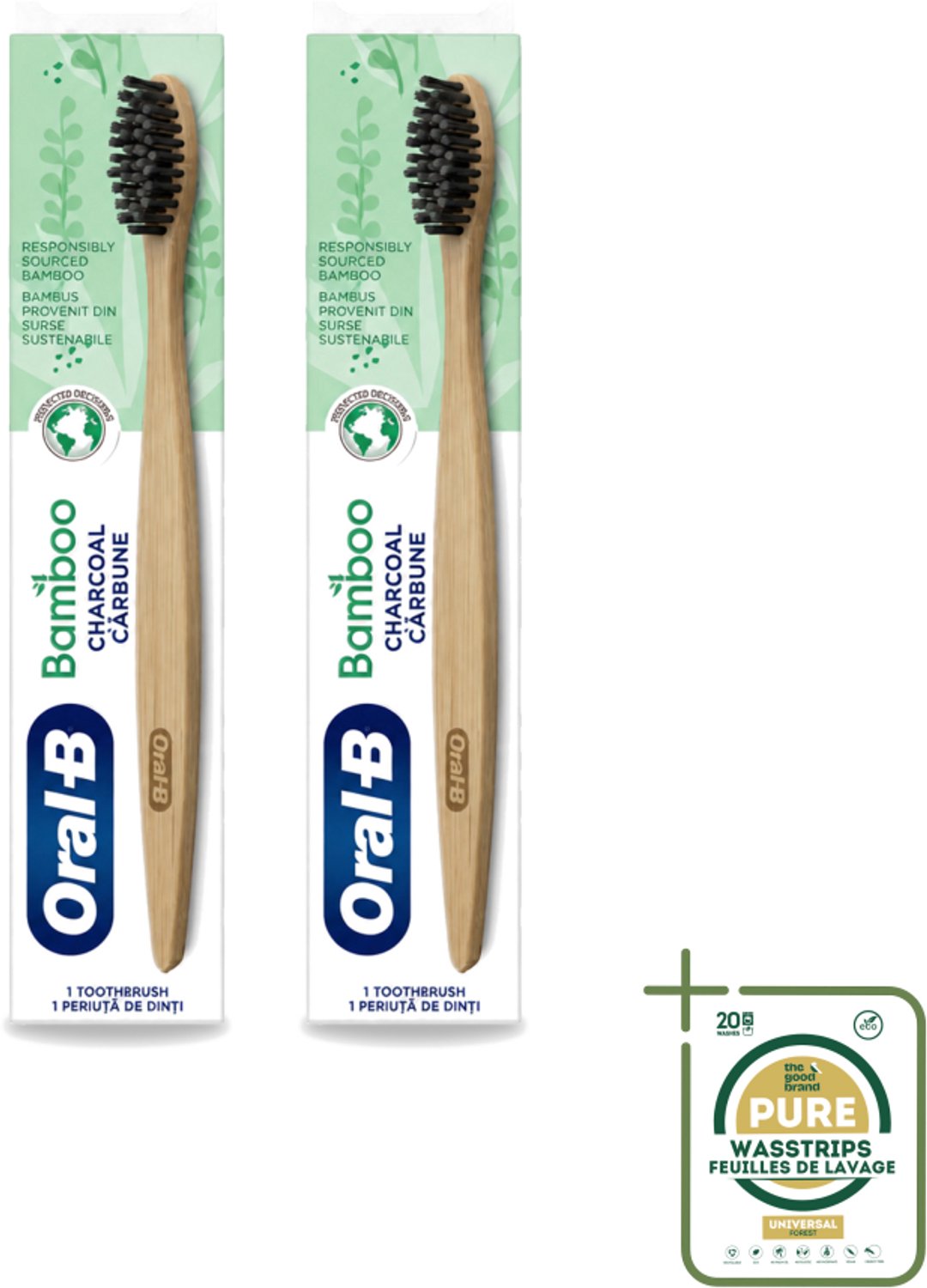 2 x Oral-B - Tandenborstel - Bamboe - Houtskool - 1 Tandenborstel - Tandenborstel Houtskool - Houtskool Borstelharen - Duurzame Tandenborstel - Veganistische Tandenborstel - Milieuvriendelijke Tandenborstel