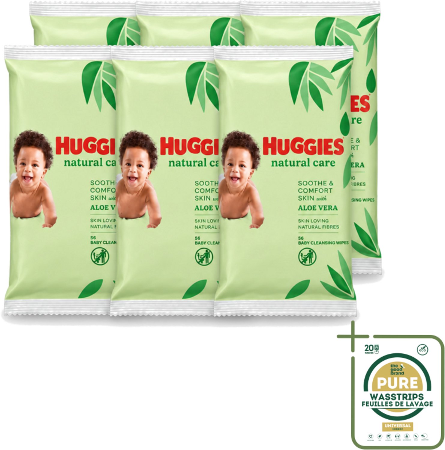 6 x Huggies - Billendoekjes - Huidvriendelijk - Met Aloë Vera - 56 Babydoekjes - Wasstrips - Billendoekjes Voor Baby - Zachte Reiniging - Hypoallergeen - Aloë Vera - Vitamine E