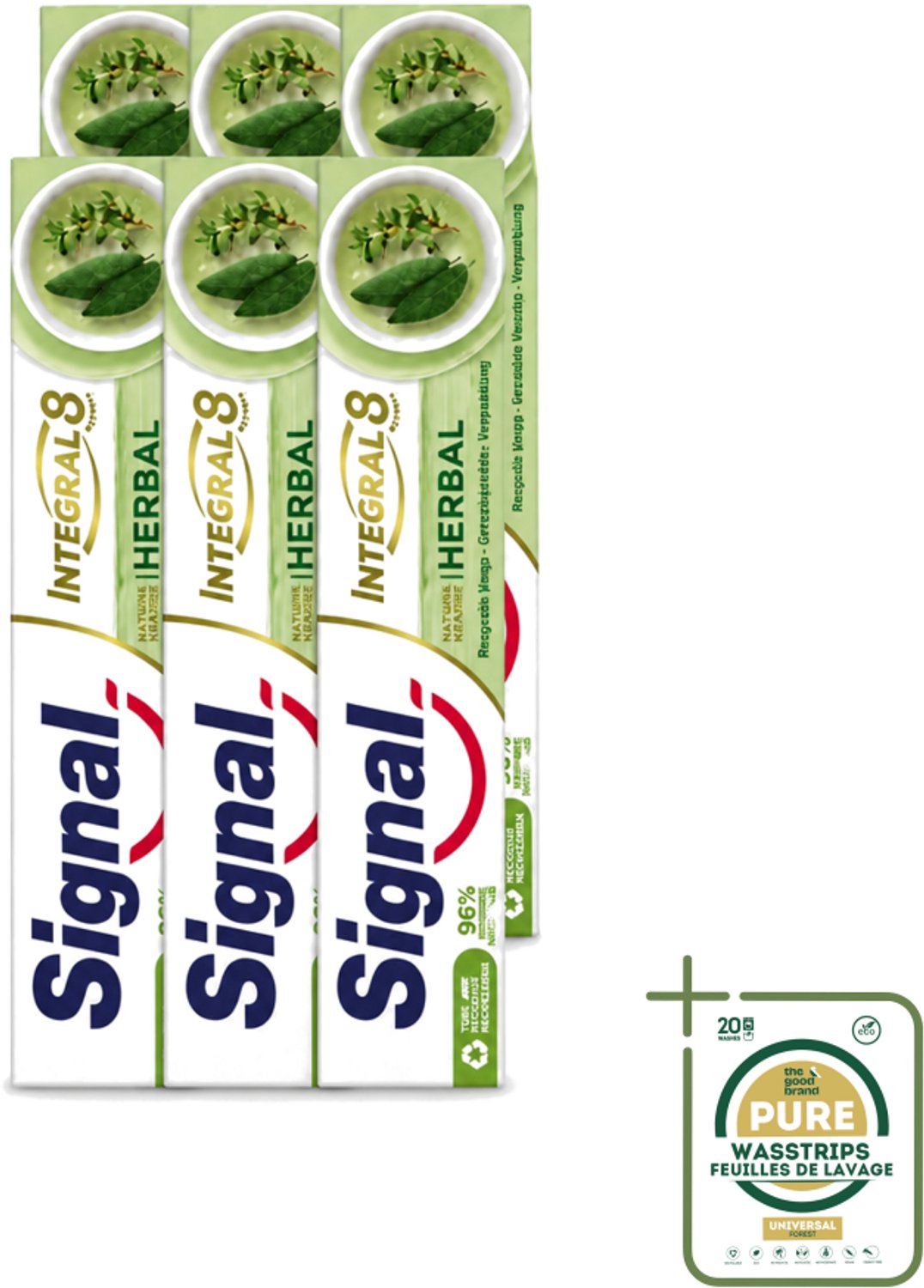 6 x Signal - Integral & Actions - Tandpasta - Natuurlijke Kruiden - Gerecyclede Verpakking - 75 ml - Wasstrips - Tandpasta - Natuurlijke Kruiden - Fluoride - Tandbederf - Tandplak