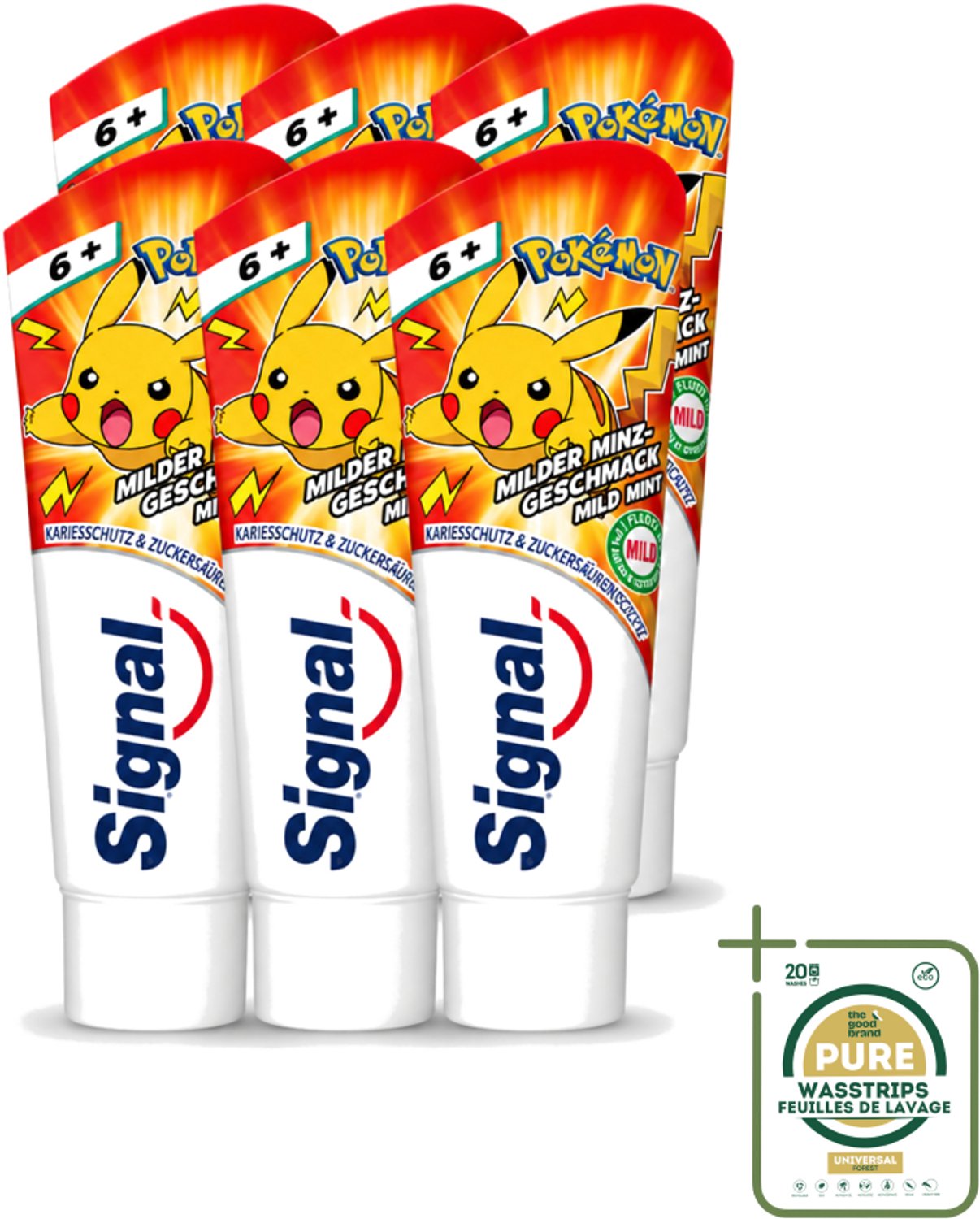 6 x Signal - Pokémon - Tandpasta - Milde Munt Smaak - Anti-Tandsteen - Kinder 6+ Jaar - 75 ml - Wasstrips - Tandpasta Voor Kinderen - Anti-tandsteen Tandpasta - Milde Munt Smaak - Kindertandpasta - Tandenpoetsen Voor Kinderen